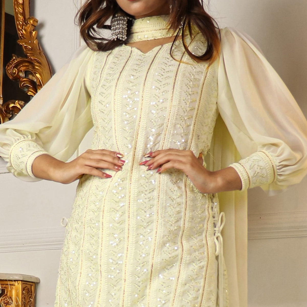 Peachmode Seller Cream Sequins Embroidered Georgette Sharara Suit - view 3