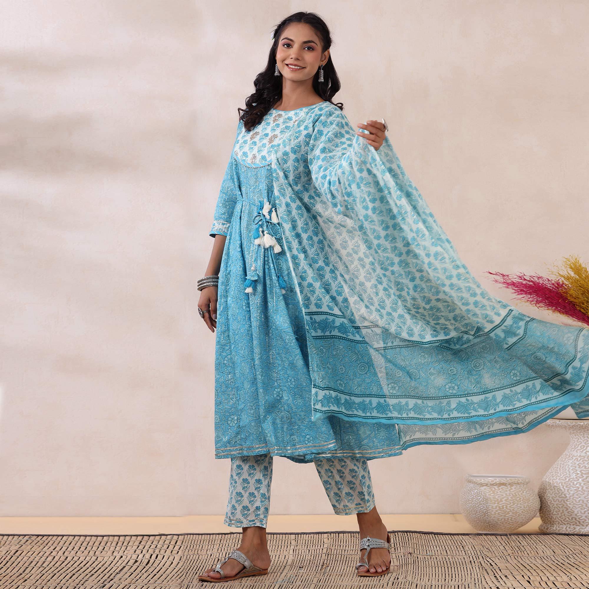 Peachmode Light Blue Printed Pure Cotton Anarkali Suit - view 4