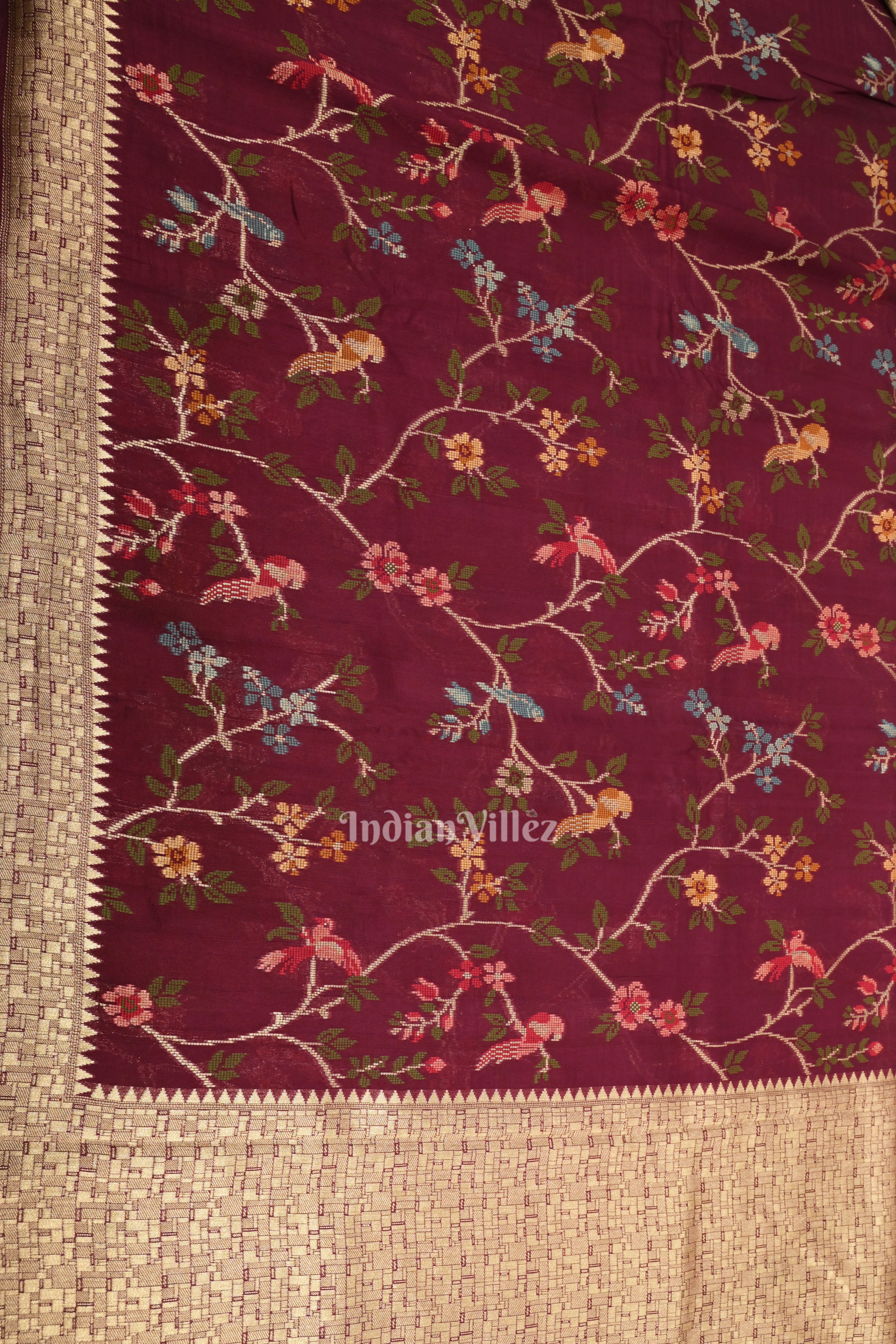 IndianVillèz Wine Brocade Tussar Khaddi Georgette Banarasi Saree - view 3