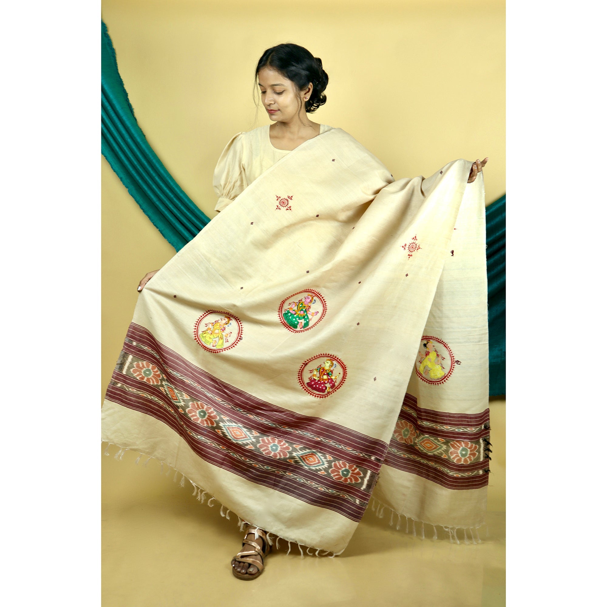 DIORAMA DESIGNS Beige - Pattachitra Ikkat Handpainted Dupatta