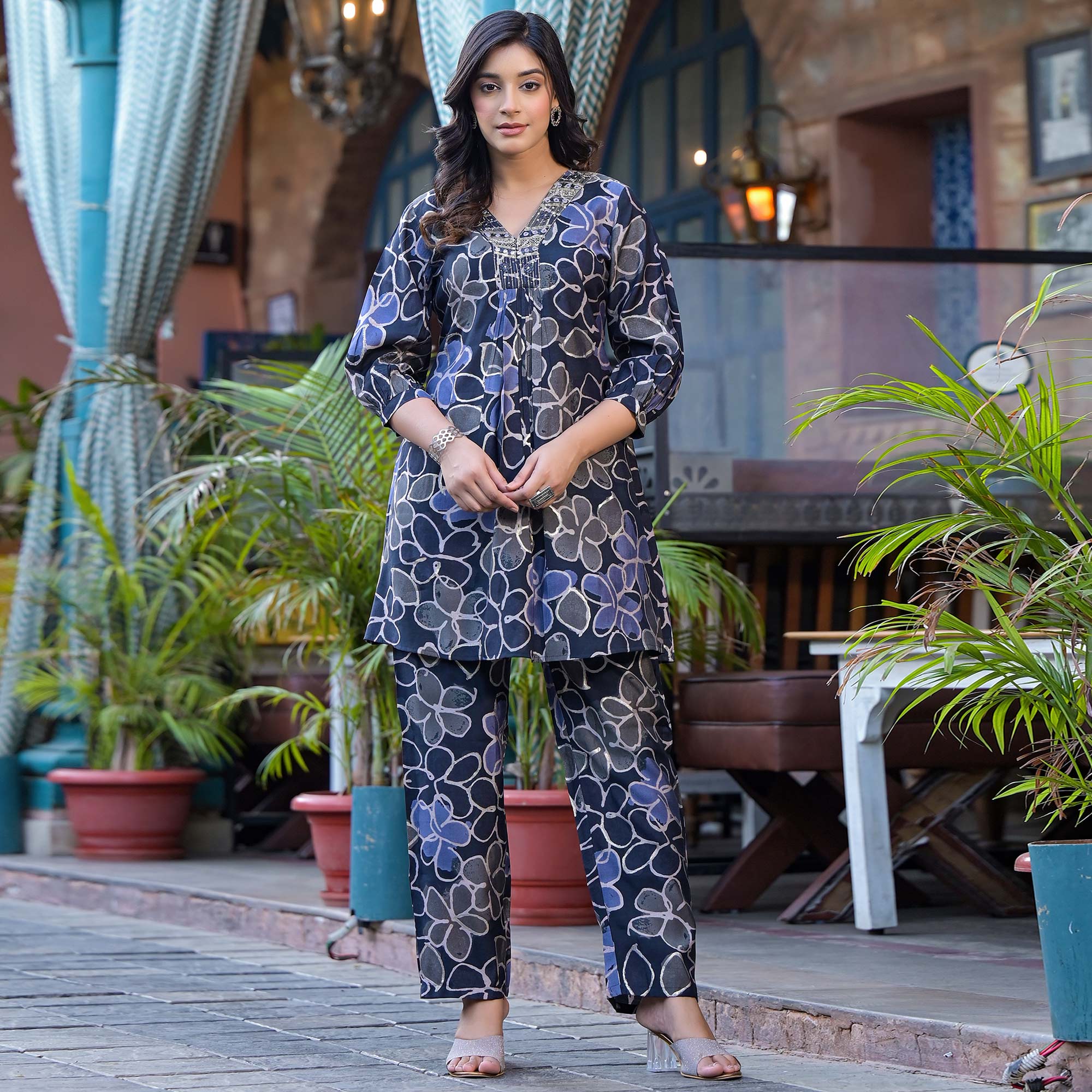Peachmode Denim Blue Floral Printed Chanderi Silk Co-Ord Set - view 2