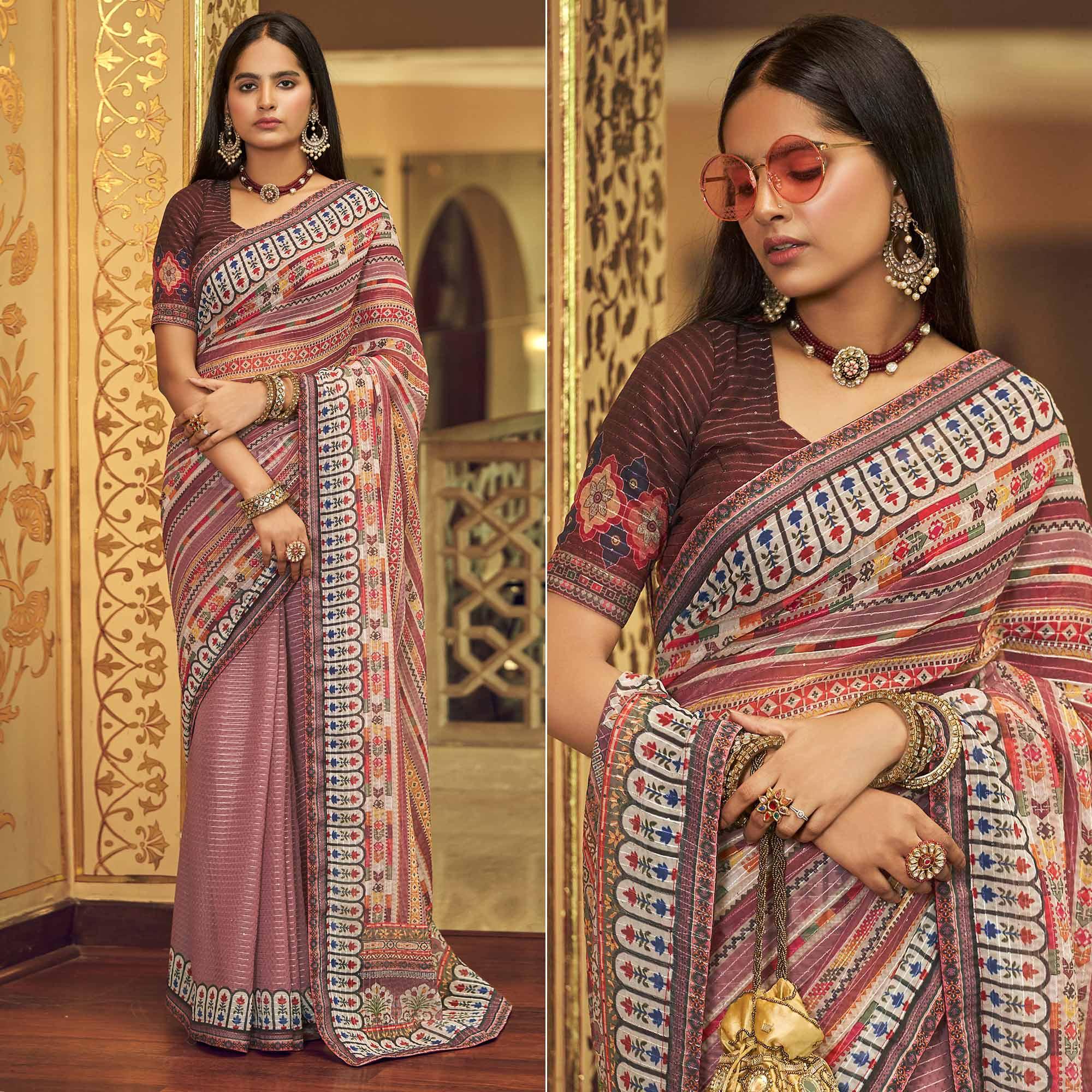 Peachmode Mauve Printed With Embellished Georgette Half and Half Saree