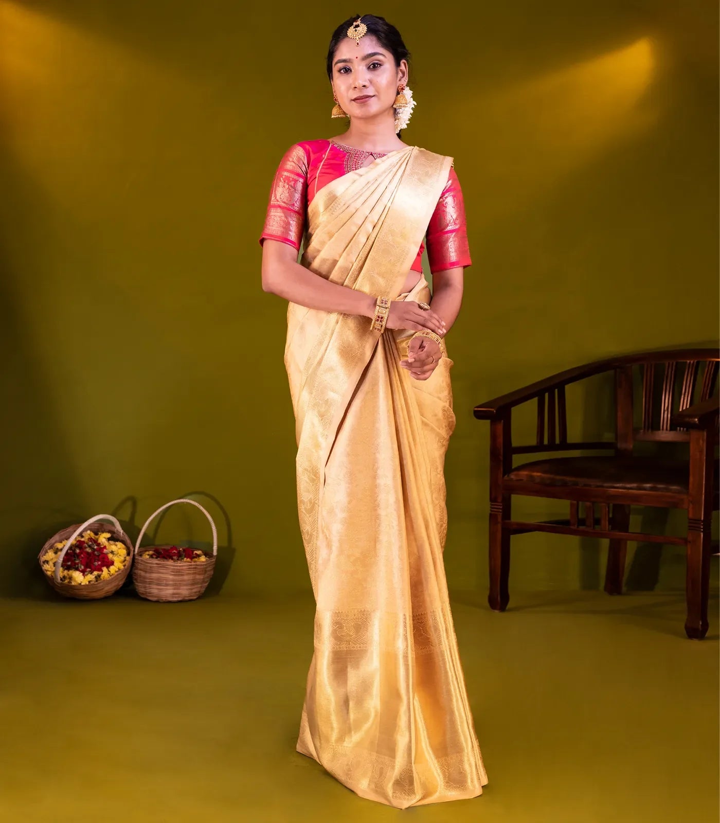 RmKV Gold Handloom Kanchipuram Tissue Silk Saree With Vanasingaram Motifs-Gold