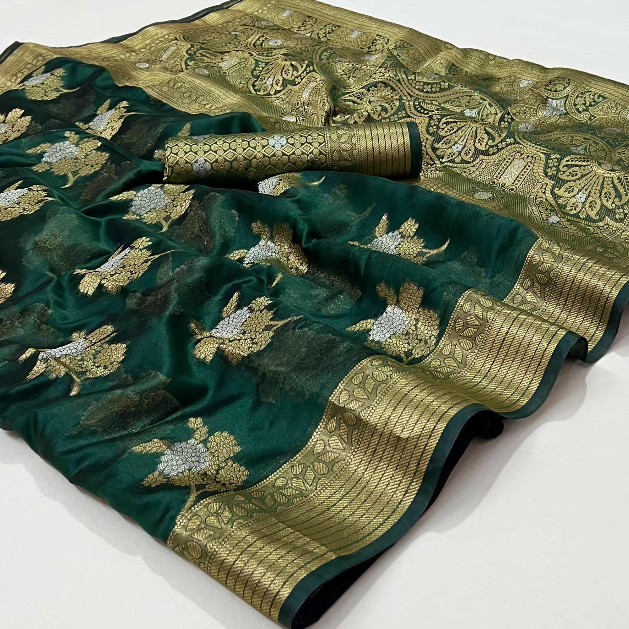 Peachmode Dark Green Woven Organza Saree – Women's