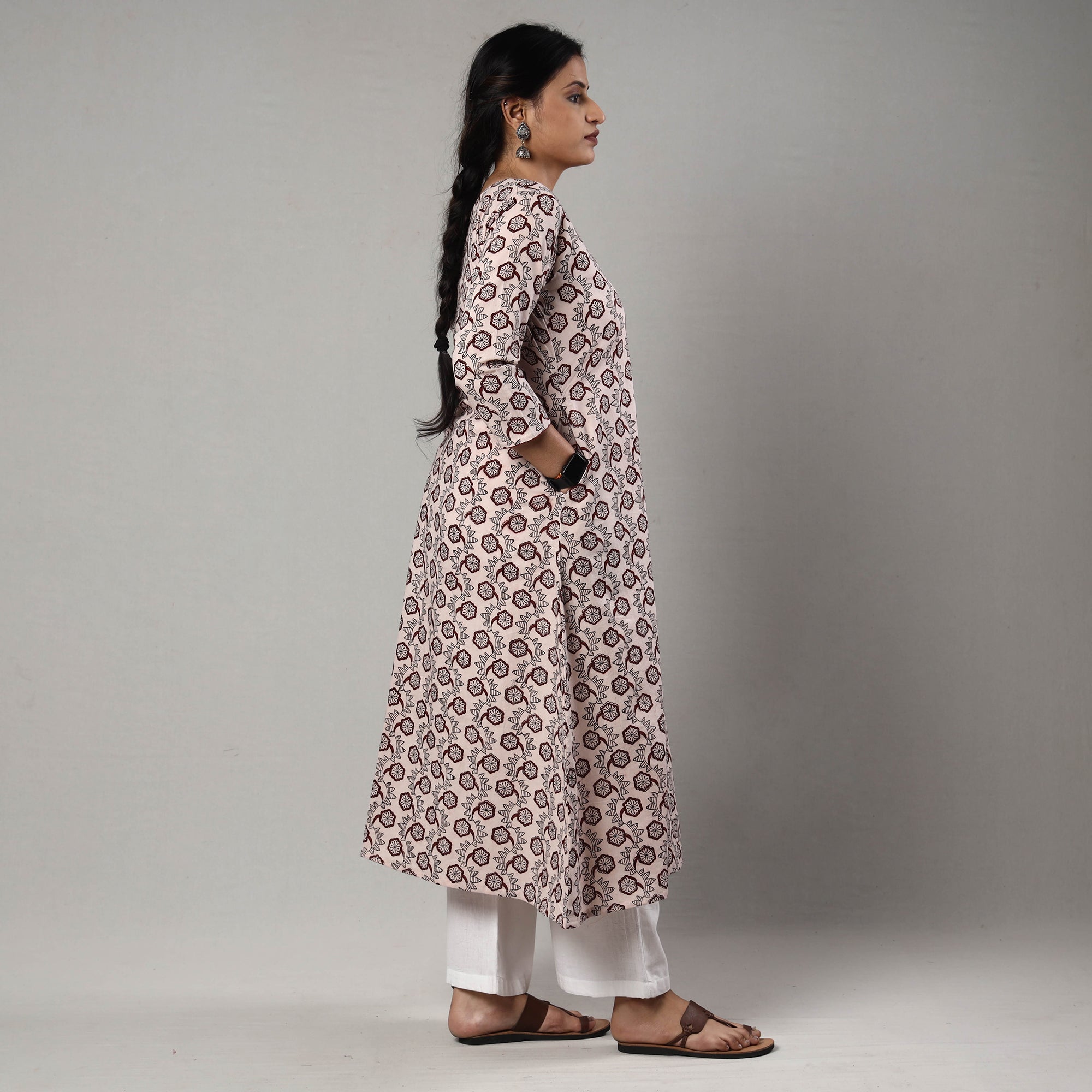 ITOKRI CASUALS Beige - White & Maroon Block Print Cotton A-Line Bagh Kurta - view 5