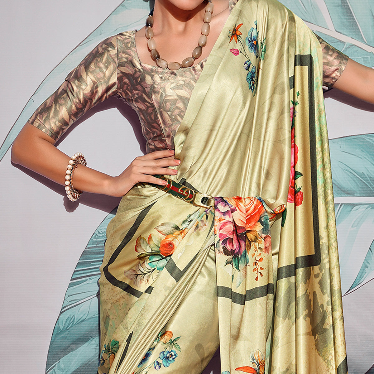 Peachmode Light Green Digital Printed Satin Saree - view 2