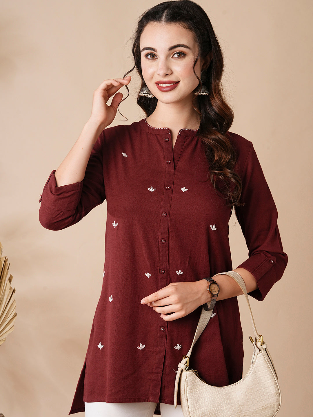Fashor Solid Resham & Beads Embroidered High-Low Hem Kurti - Red - view 2
