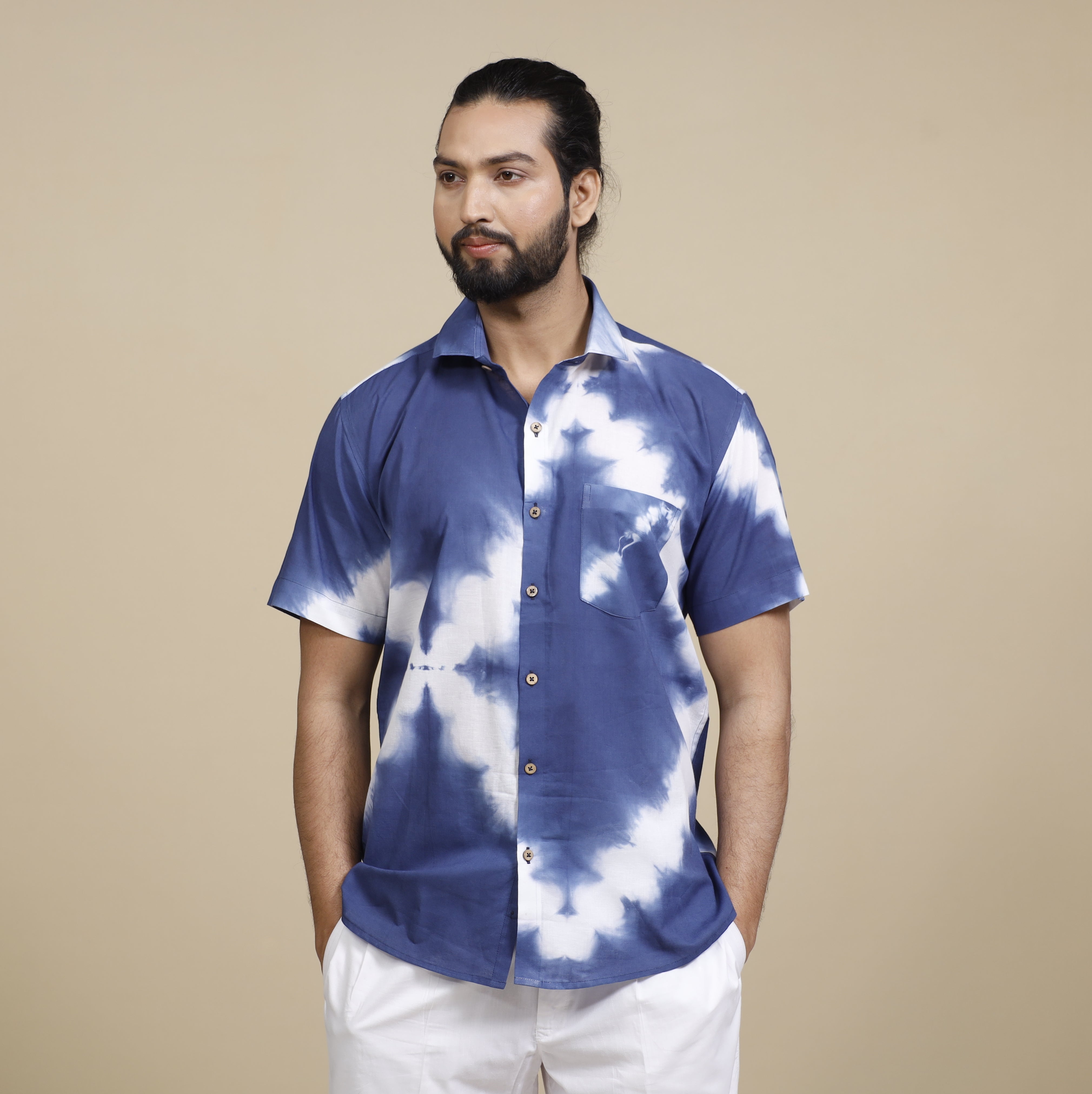 ITOKRI CASUALS Blue & White Shibori Tie-dye Cotton Men Half Sleeve Shirt - view 2