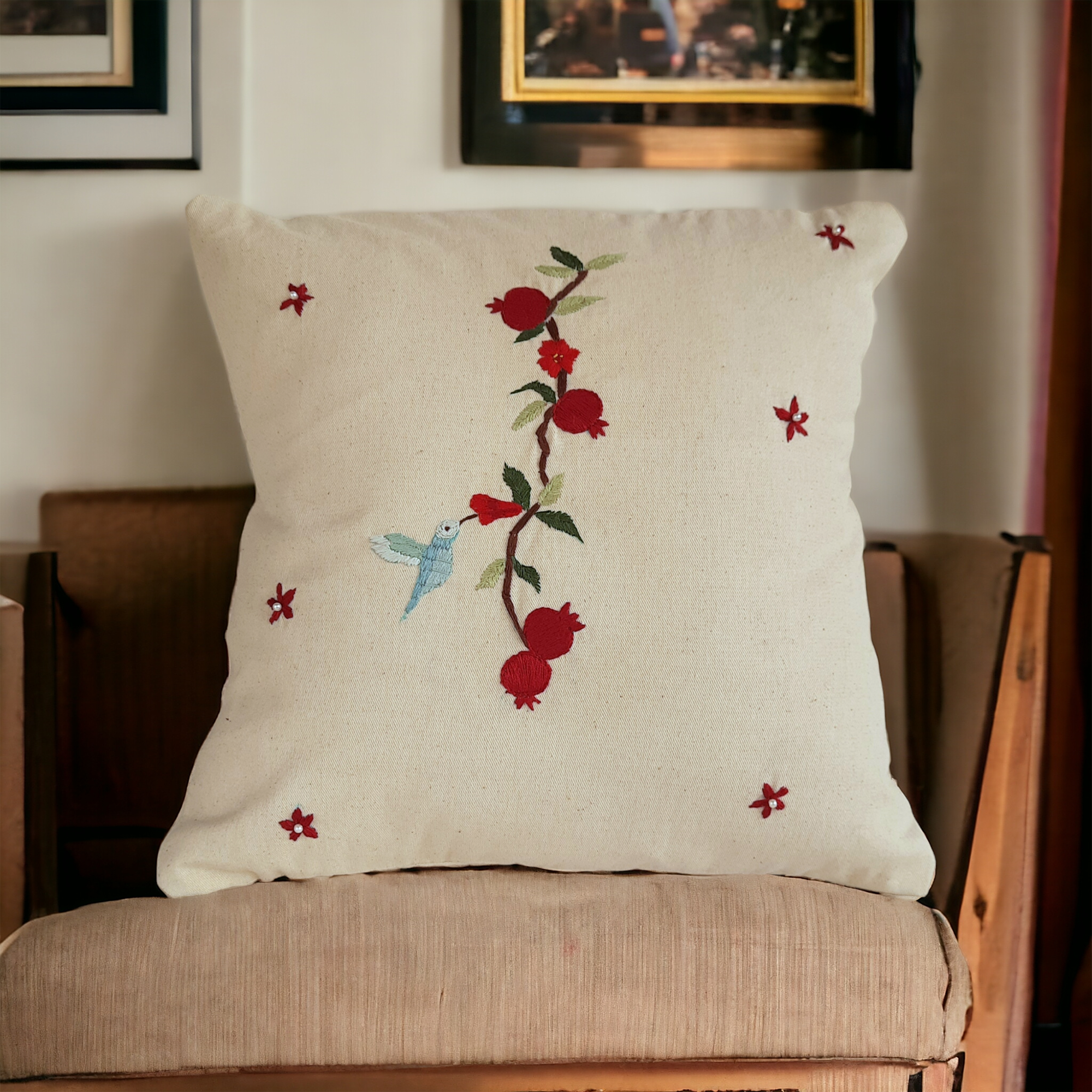 STUDIO VILASITA Embroidered Pomogranate White Cushion Cover (18x18)