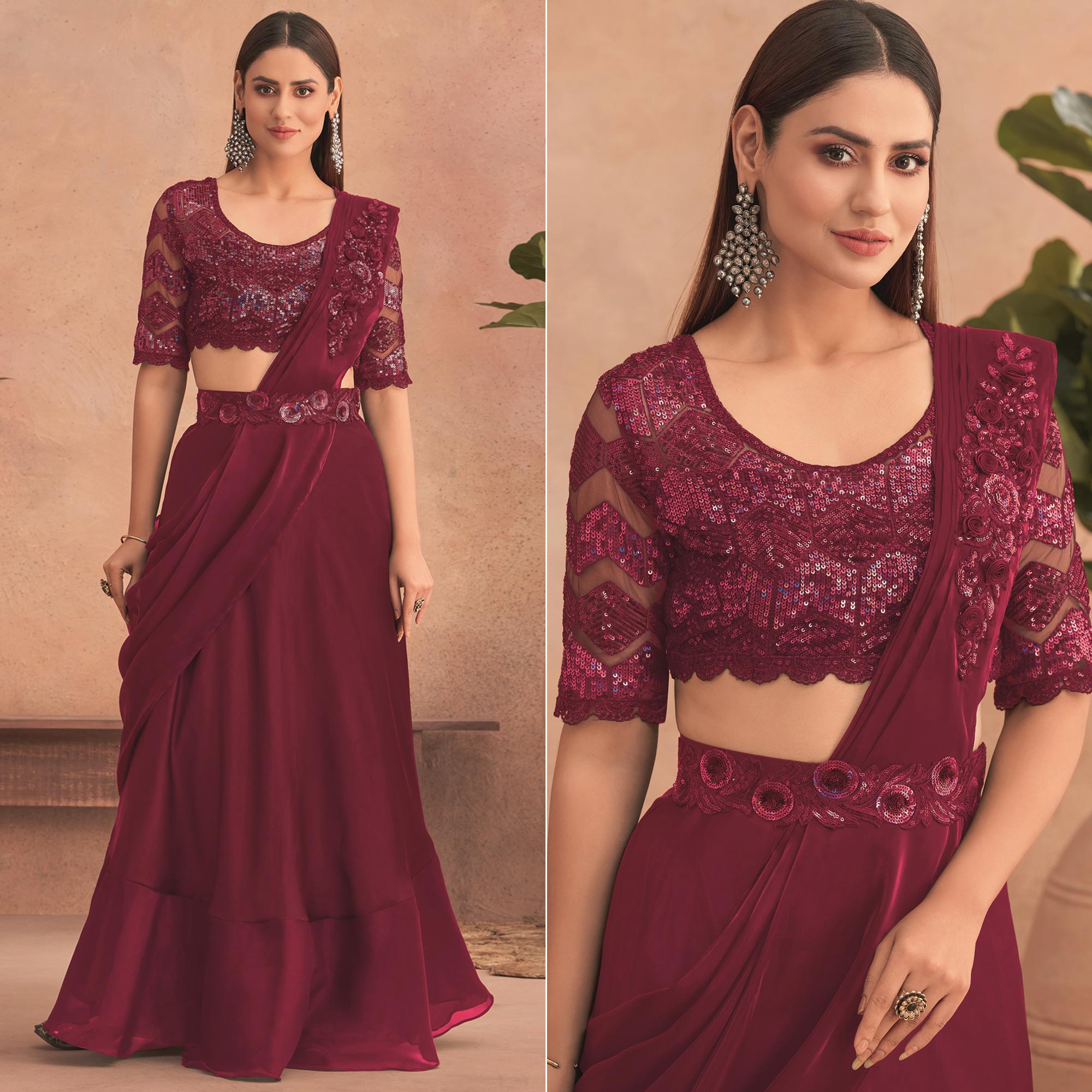 Peachmode Seller Maroon Sequins Embroidered Ready to Wear Art Silk Saree