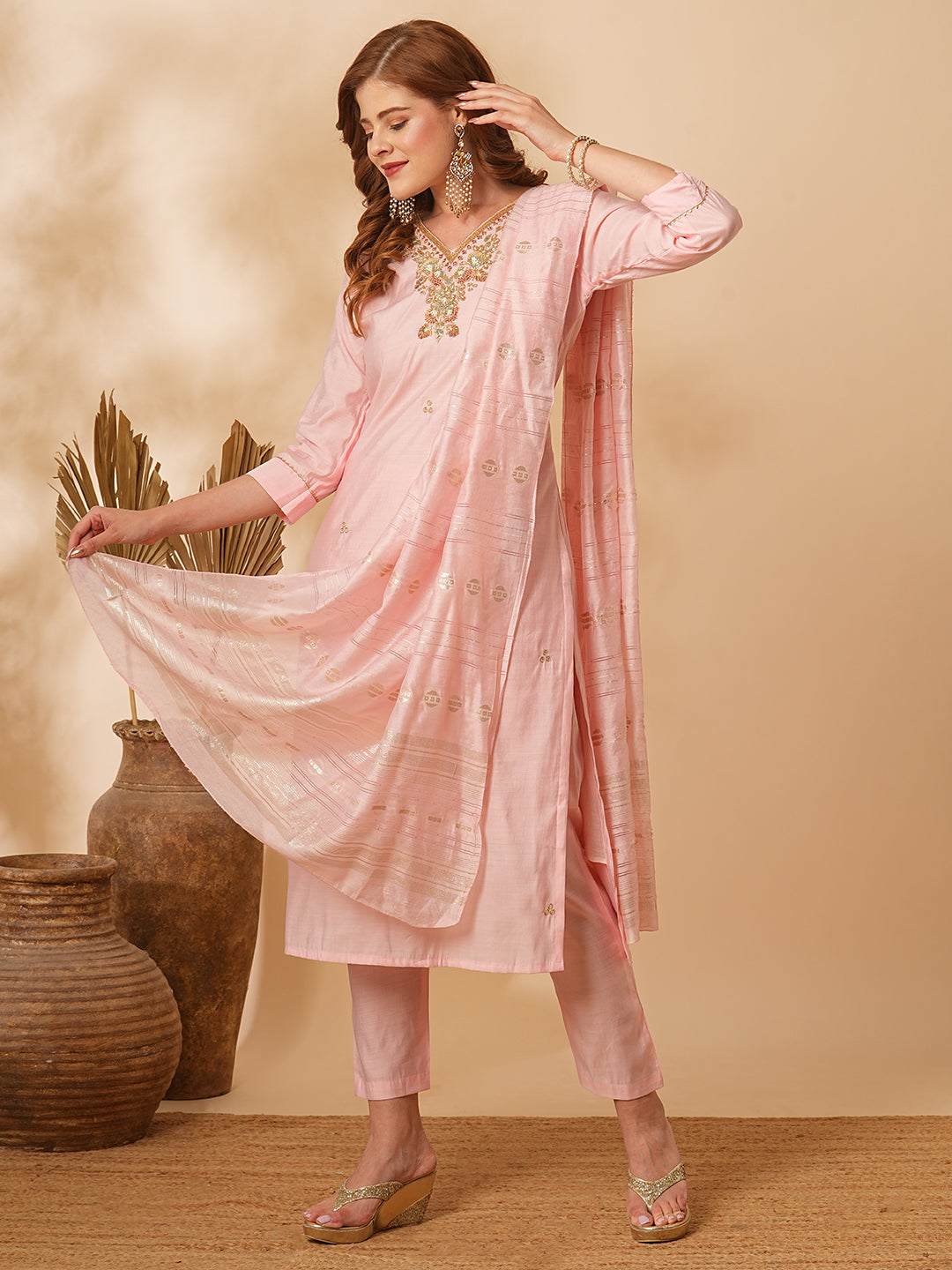 Fashor Solid Floral Hand Embroidered Straight Fit Kurta with Pant & Dupatta - Pink - view 2