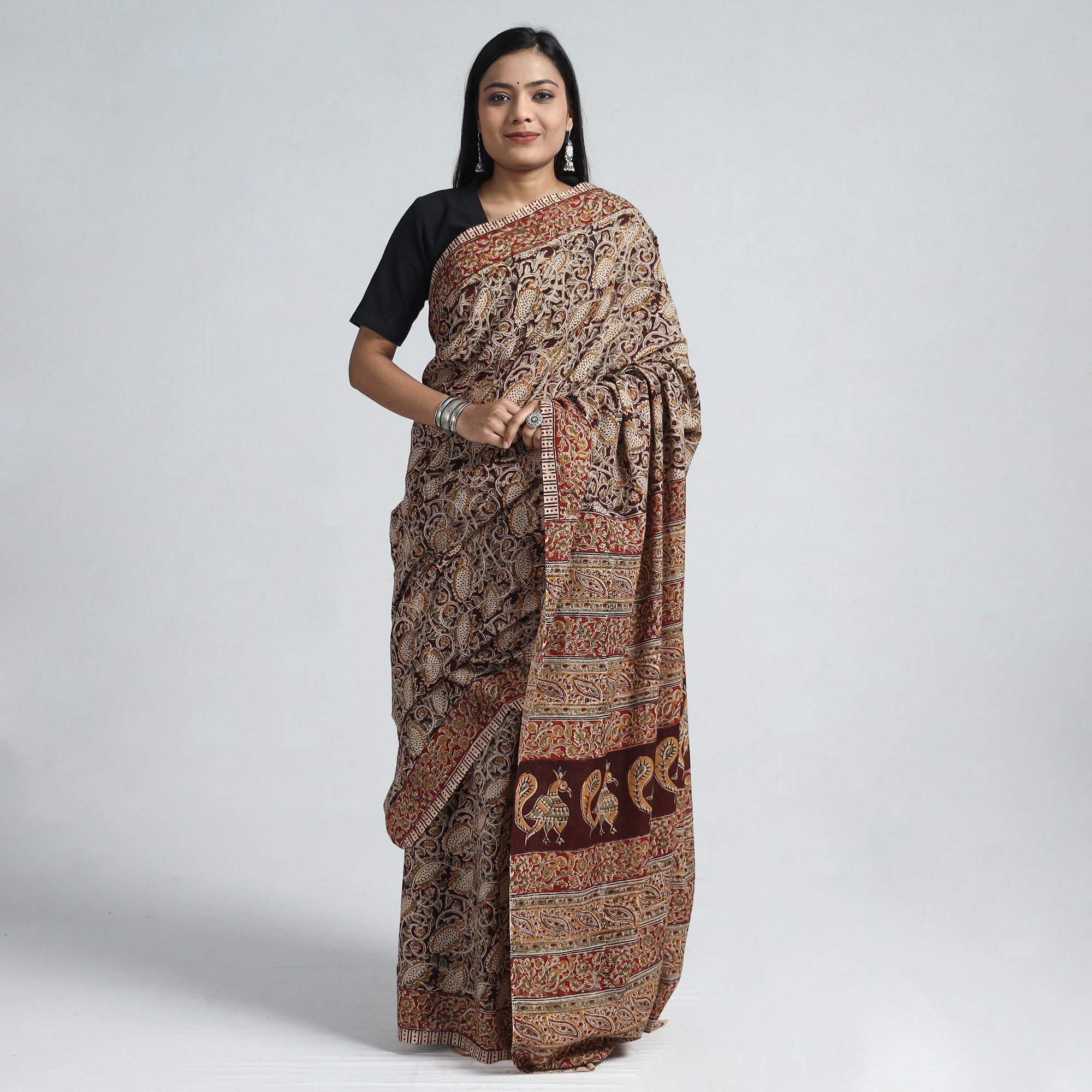 VENKATA BHANU KALAMKARI PEDANA Brown - Pedana Block Print Cotton Kalamkari Saree - view 2