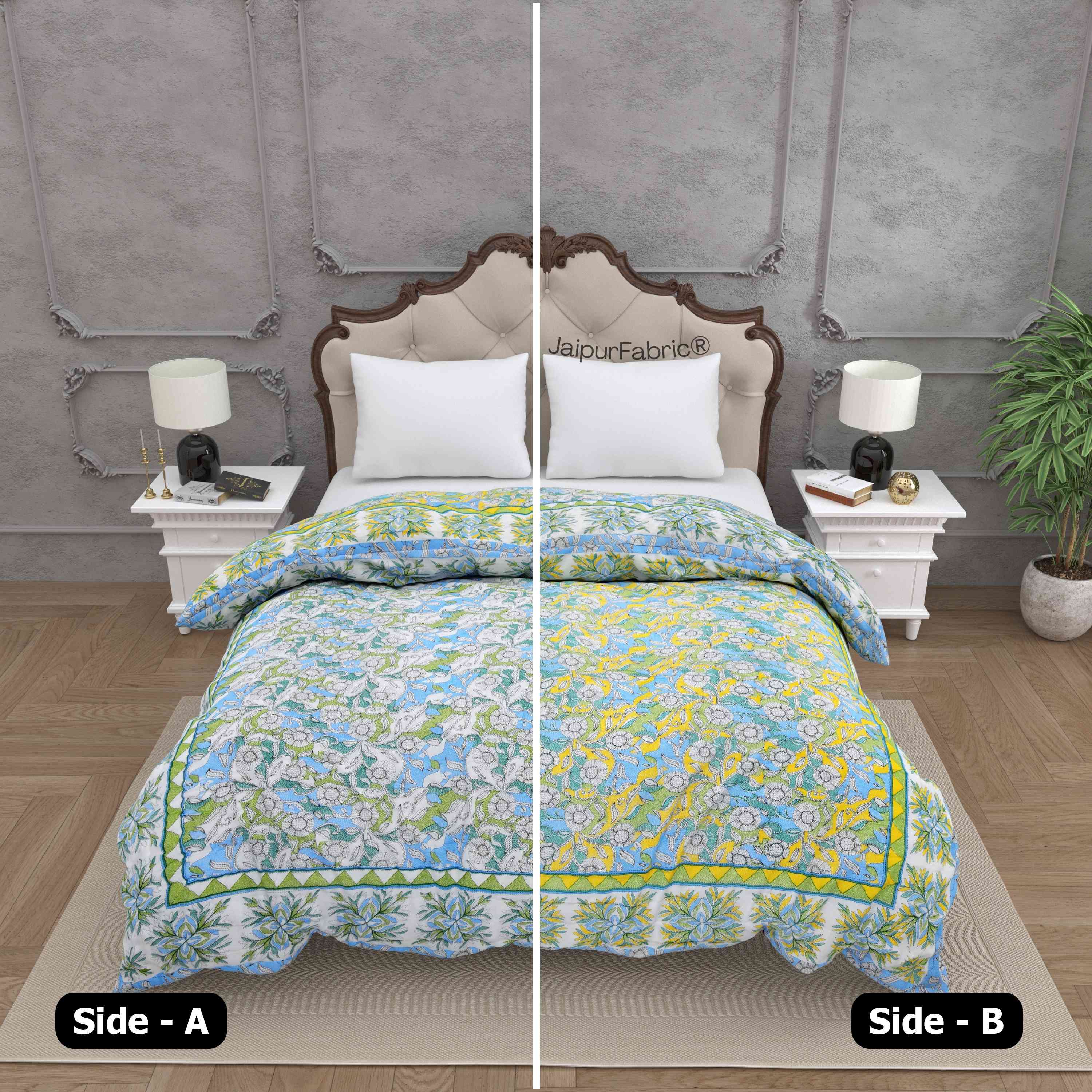 JaipurFabric® Tropical Dreamscape Blue & Green with Lush Floral Patterns Reversible Quilt Double Bed Rajai - view 2