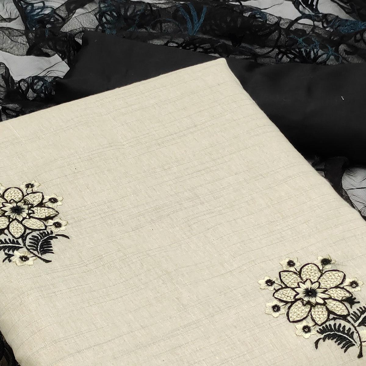 Peachmode Cream - Black Casual Wear Floral Embroidered Cotton Dress Material - view 3