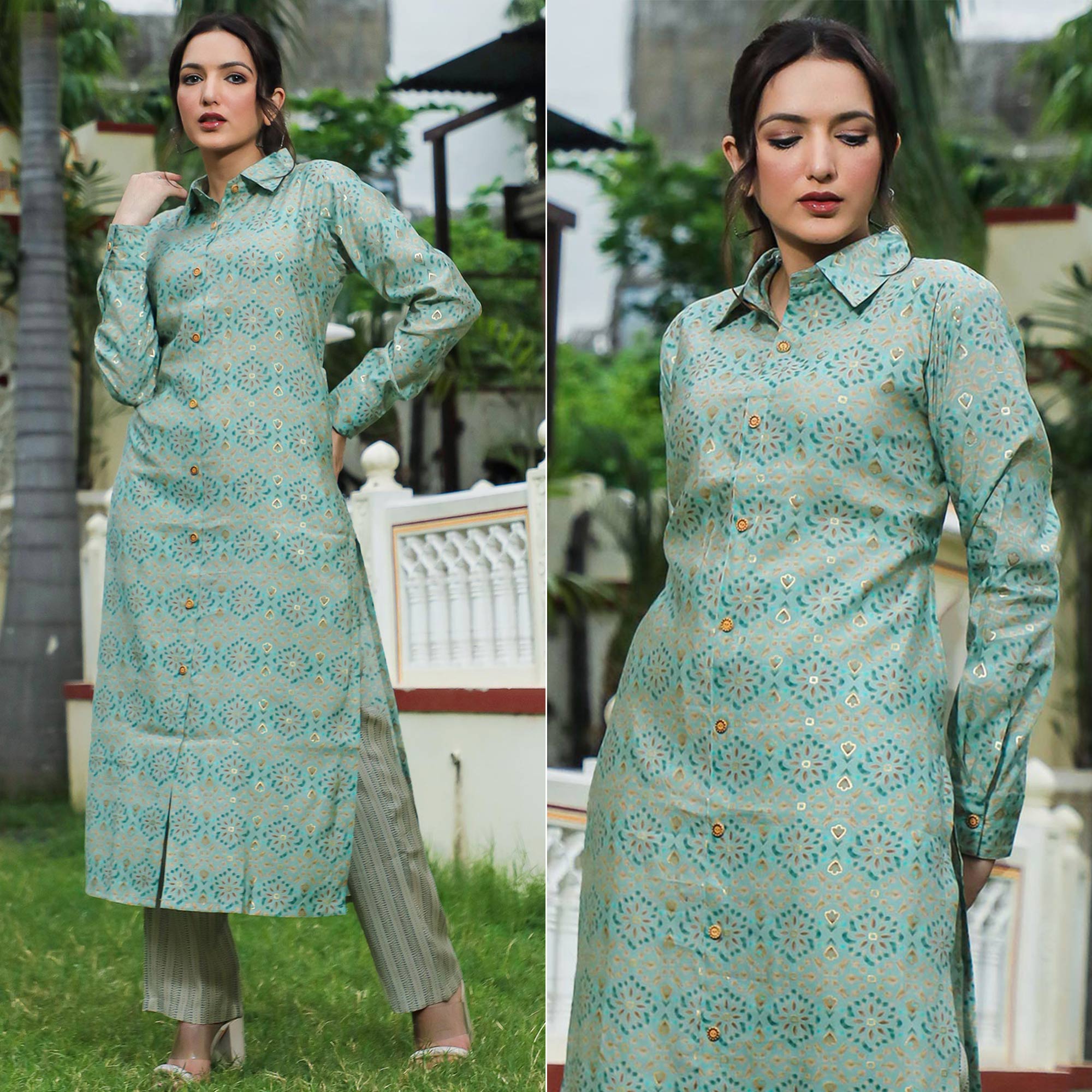 Green kurtas – BlackTree green-foil-printed-chanderi-kurti-pant-set