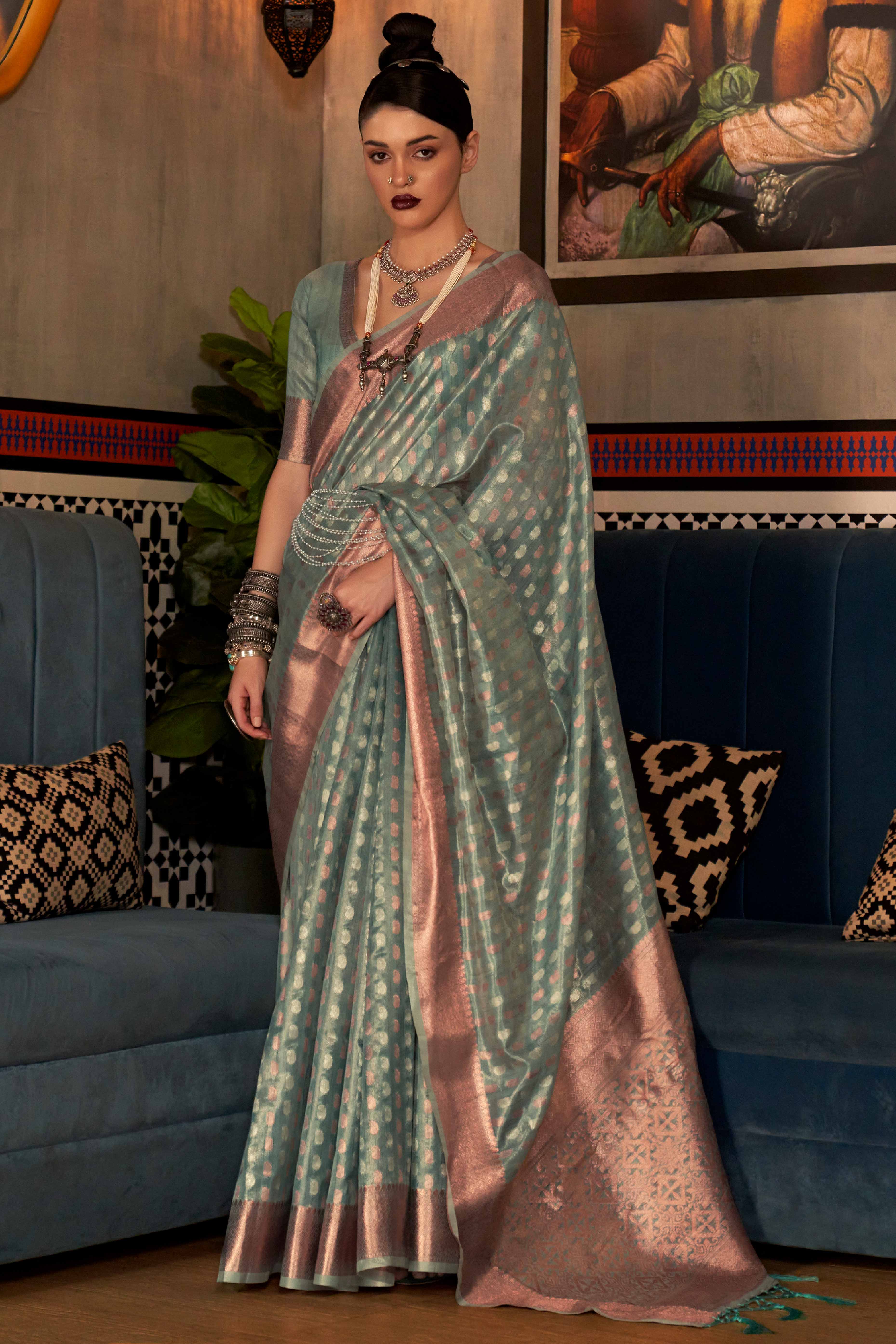 Peachmode Light Blue Handloom Zari Woven Tissue Saree