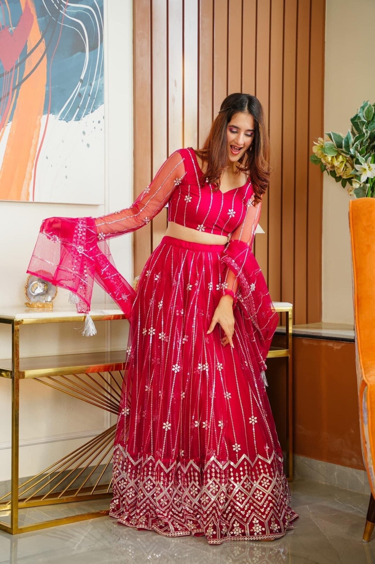 Idaho-o parisha pink net lehenga choli set – Women's