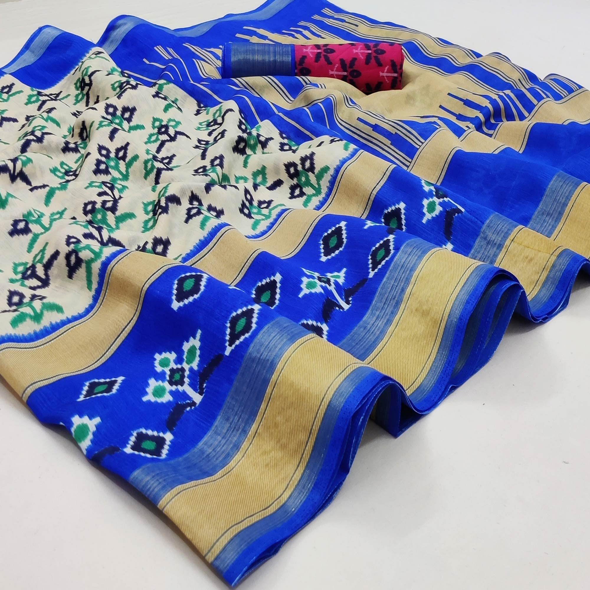 Peachmode Cream-Blue Casual Wear Printed Cotton Saree With Jari Border