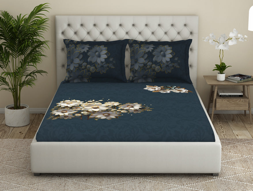 Spaces India Floral Dark Grey 100% Cotton King Size Bedsheet Elegance - By Elegance