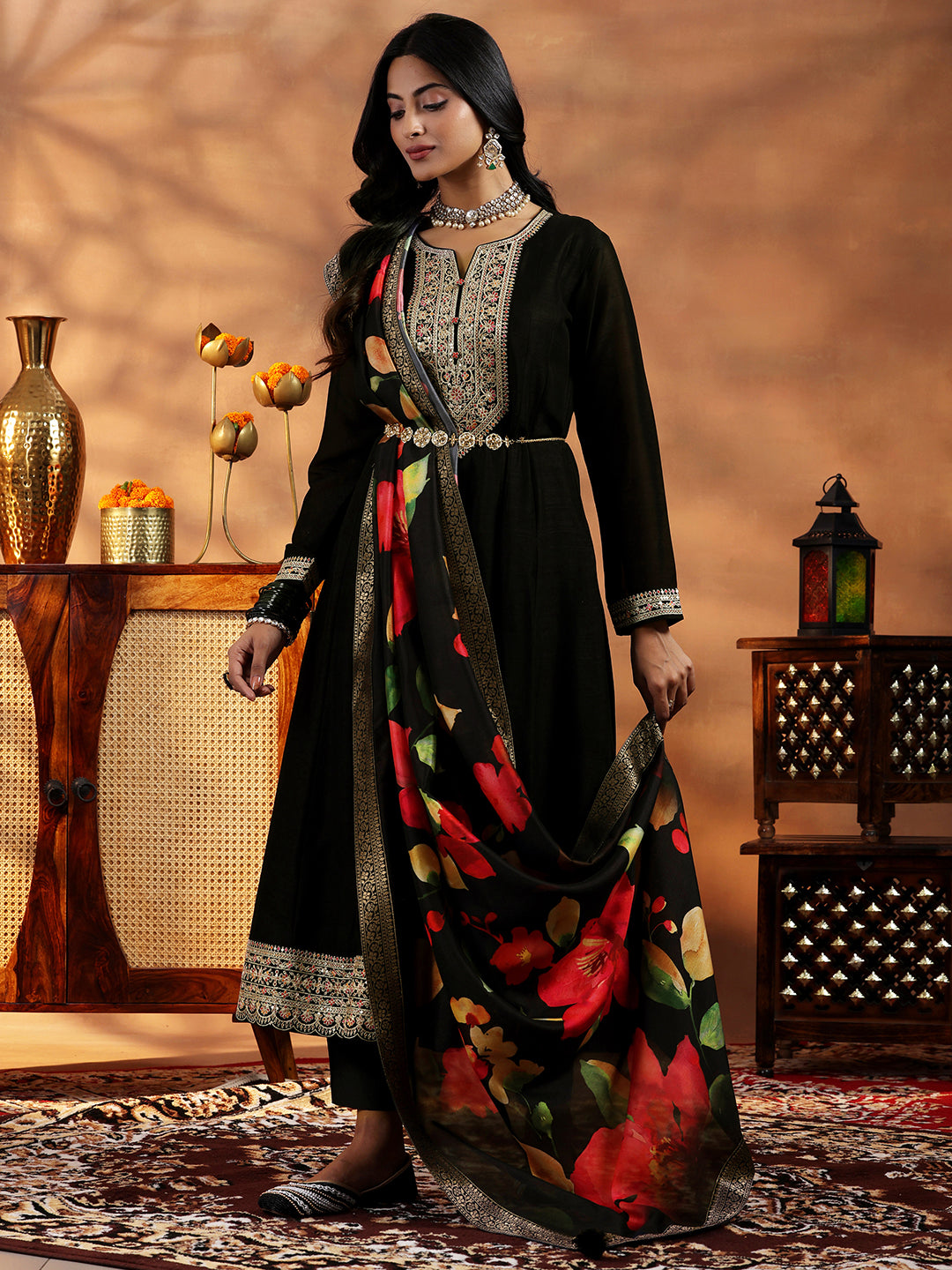 Libas Black Yoke Design Silk Blend A-Line Kurta With Trousers & Dupatta