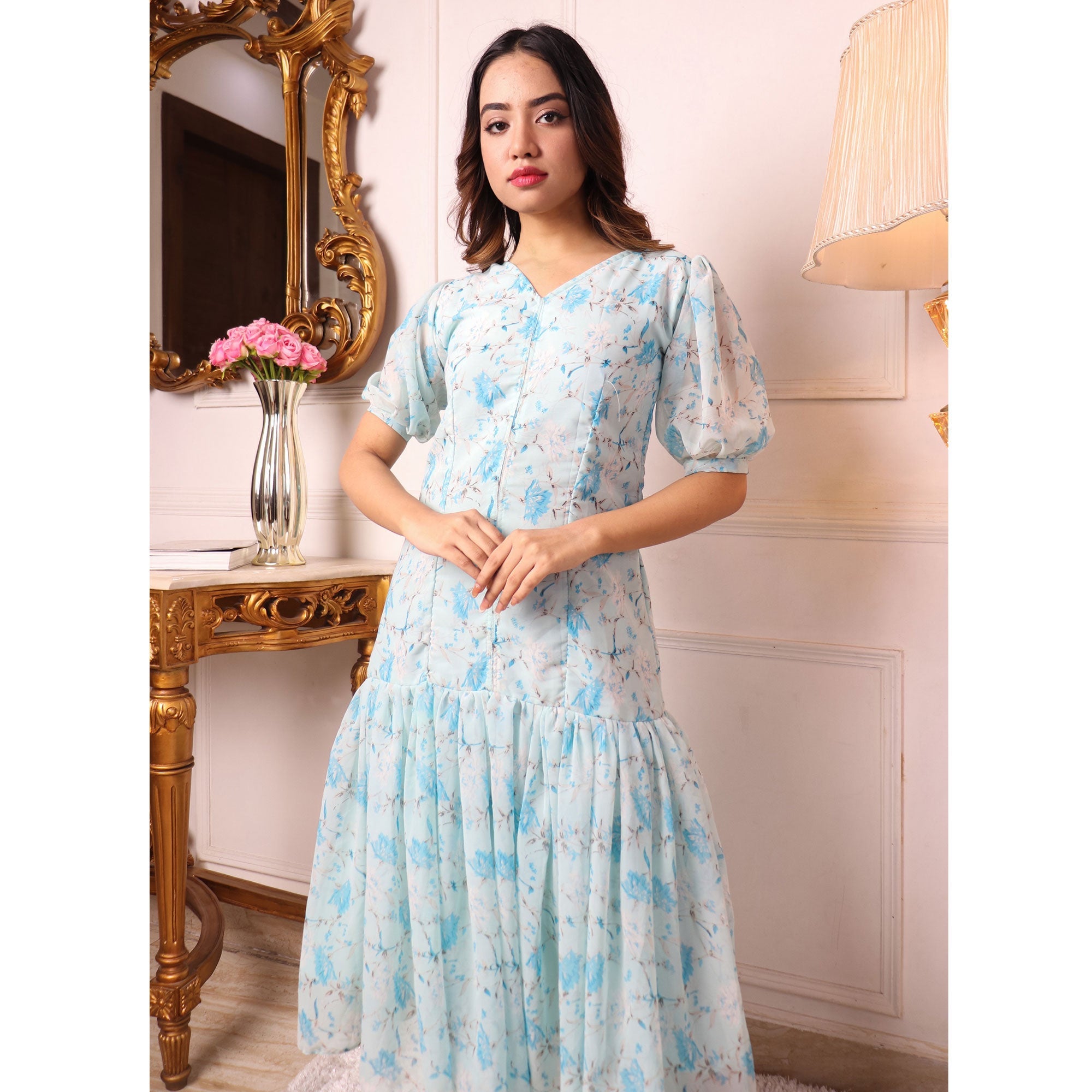 Peachmode Seller Light Blue Floral Printed Georgette Dress - view 7