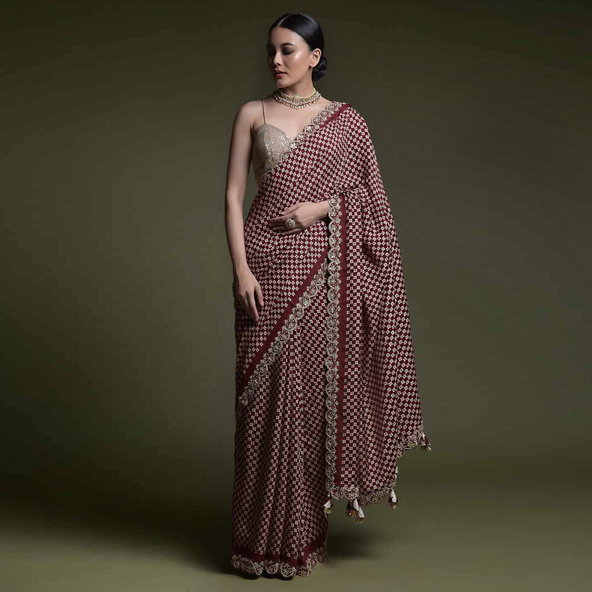 Peachmode Maroon Printed With Embroidered Border Chinon Saree - view 2