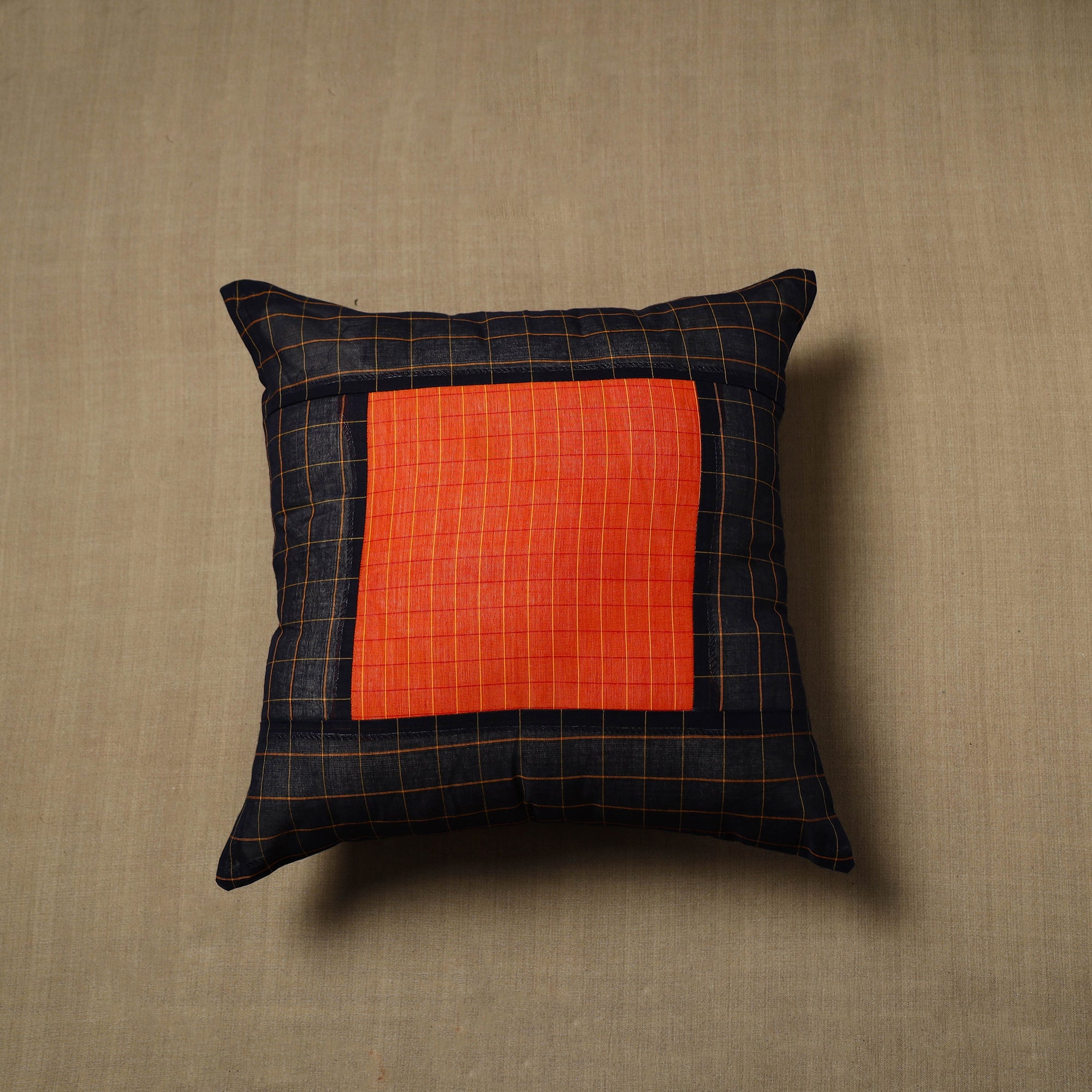 NOORI BAZAR Black - Patchwork Cotton Kanchipuram Cushion Cover (16 x 16 in) 50