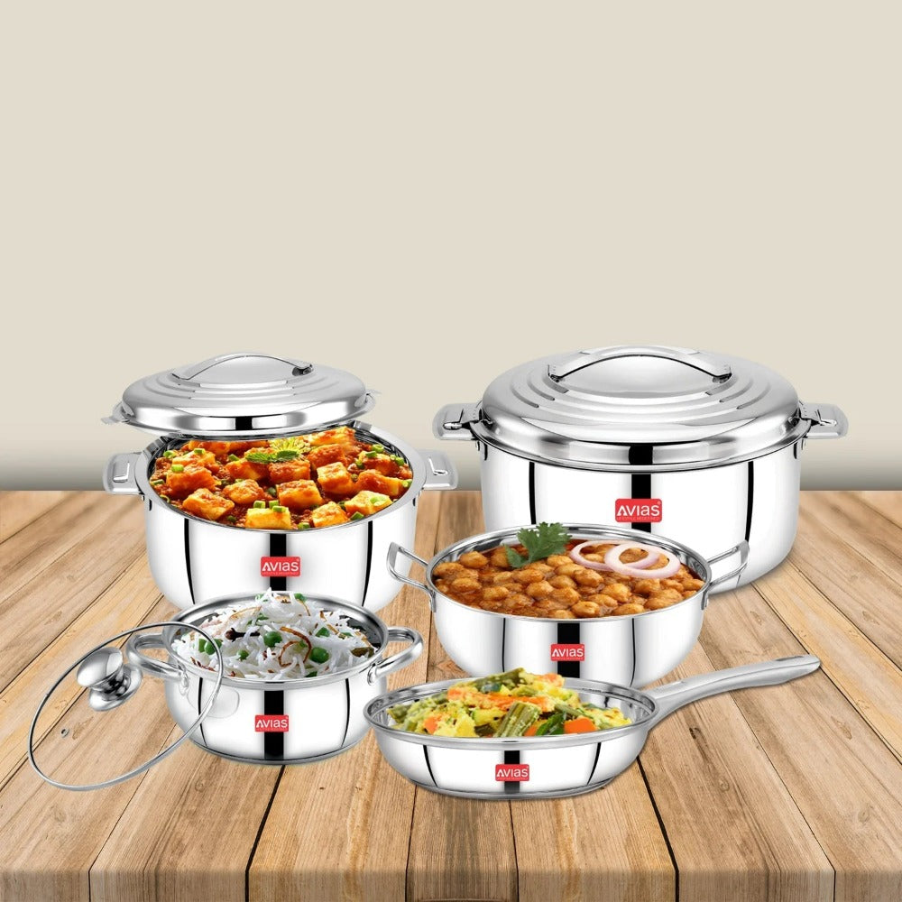 AVIAS Platinox Stainless Steel Set (Belly 18cm + Kadhai 22cm + Frypan 22cm + Casserole 1000ML + 1500ML) | Induction Compatible | Silver | Set of 5 Pcs