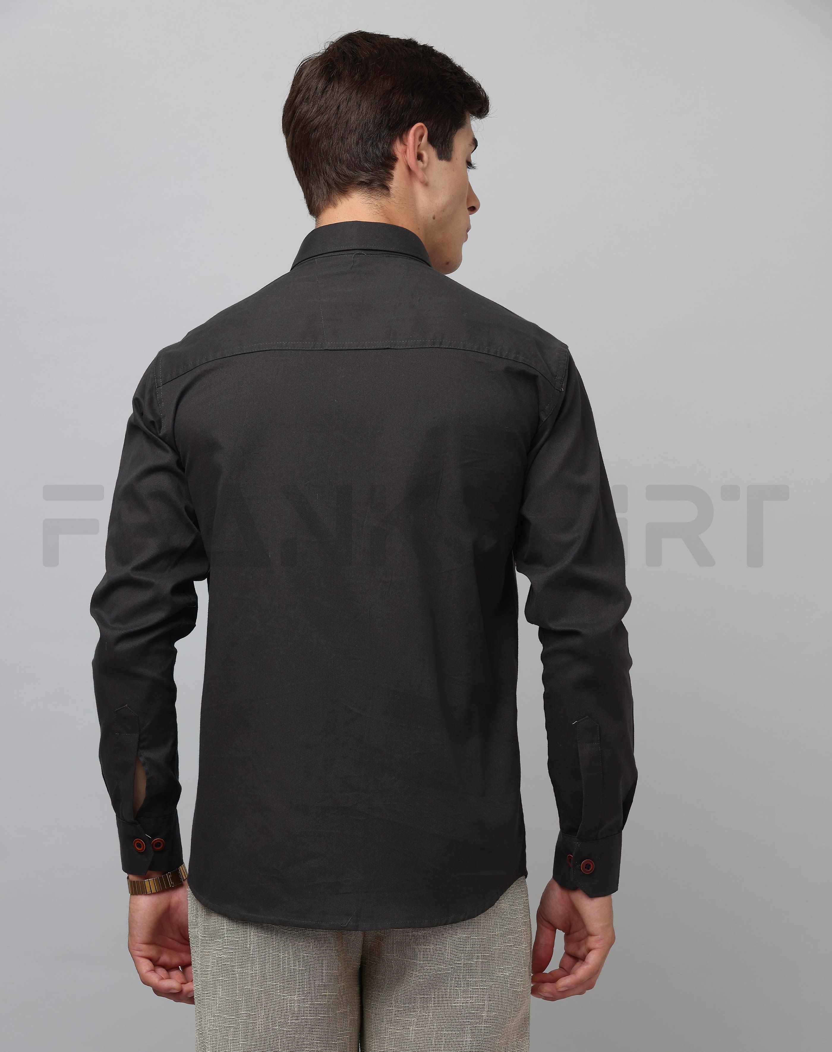 BlackTree Frankshirt Double Pocket Dark Grey Solid Tailored Fit Cotton Casual Shirt for Man - view 3