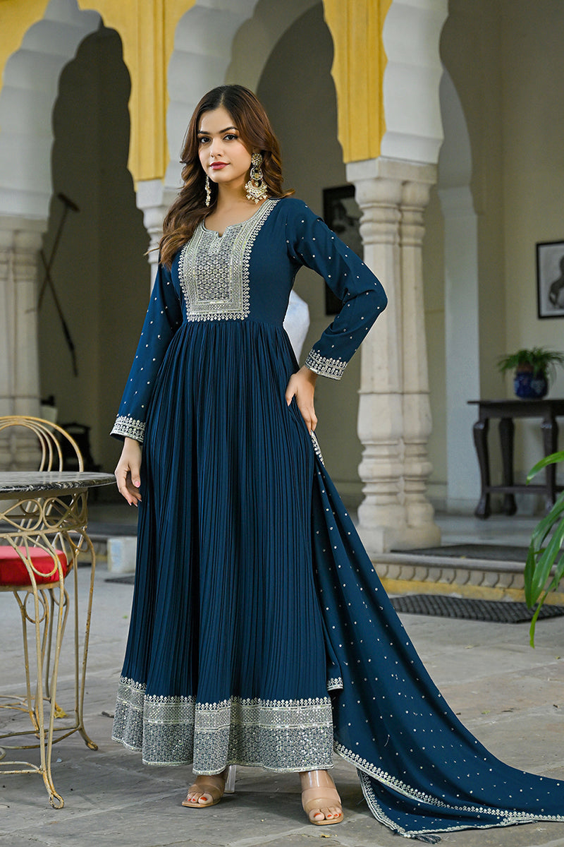 Ahika Teal Blue Georgette Solid Yoke Design Anarkali Kurta Dupatta Set VKSET1473 - view 4