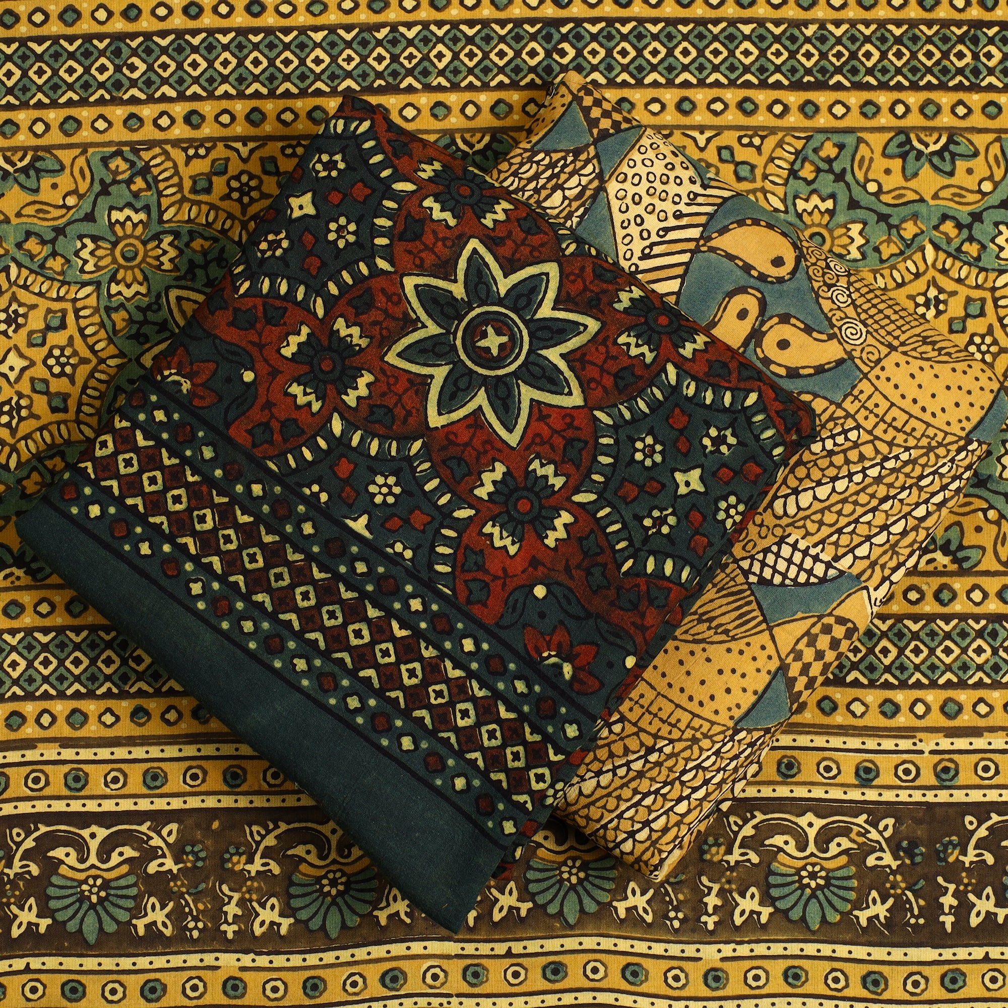 AJRAKH BY JABBAR KHATRI Brown - 3pc Ajrakh Block Printed Natural Dyed Cotton Suit Material Set 07 - view 2
