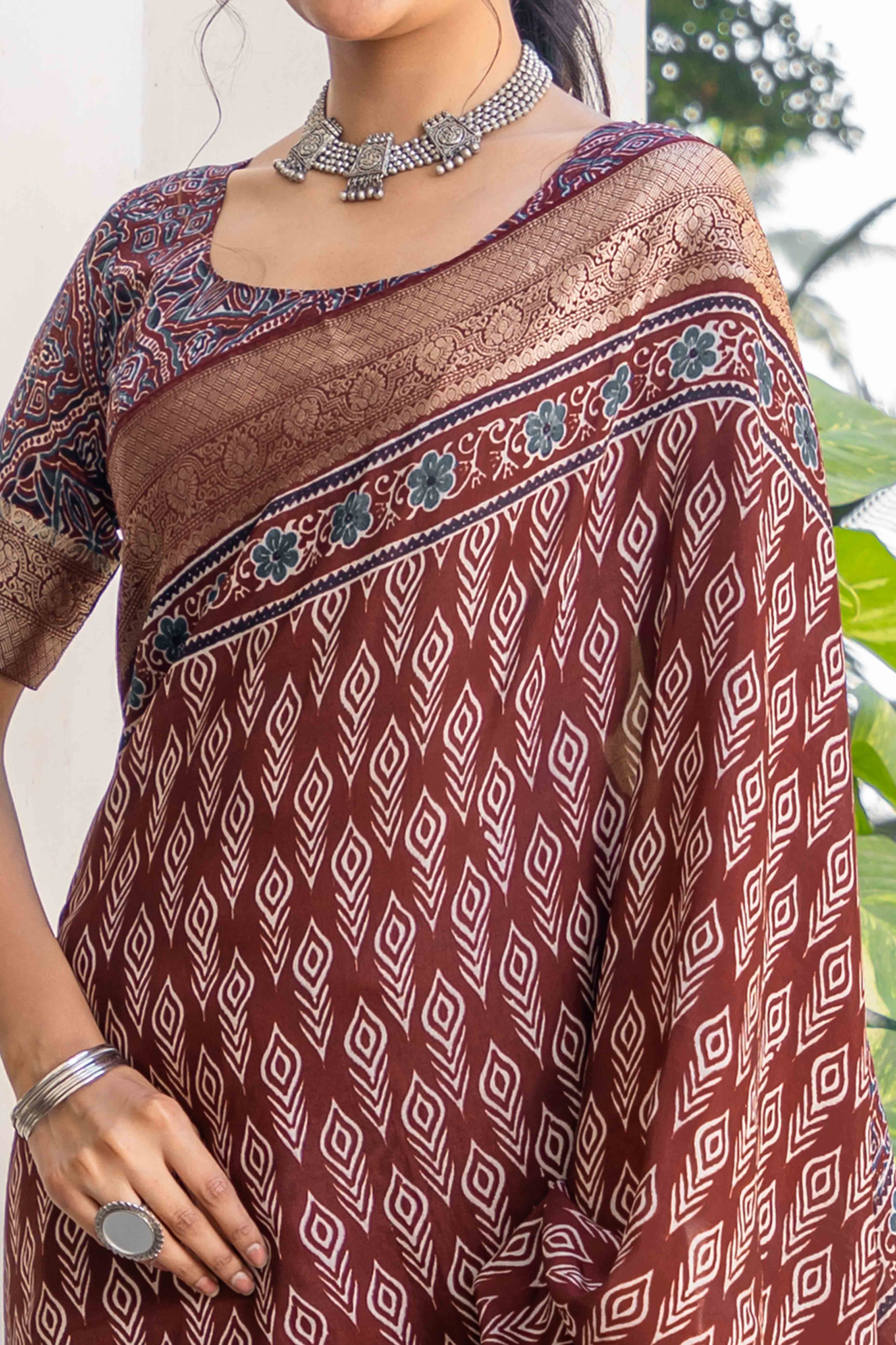 Peachmode Brown Ajrakh Printed Pure Viscose Saree - view 2