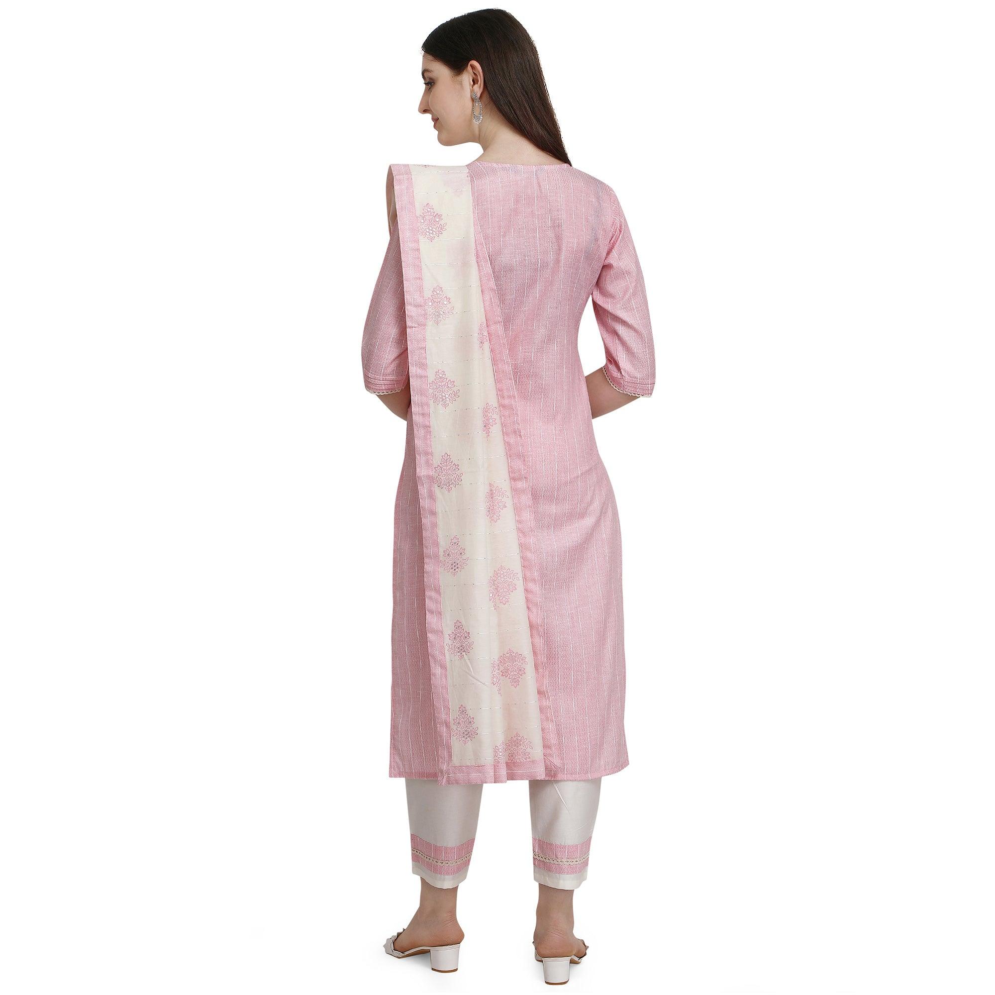 Peachmode Light Pink Floral Embroidered Cotton Blend Kurti Pant Set - view 5