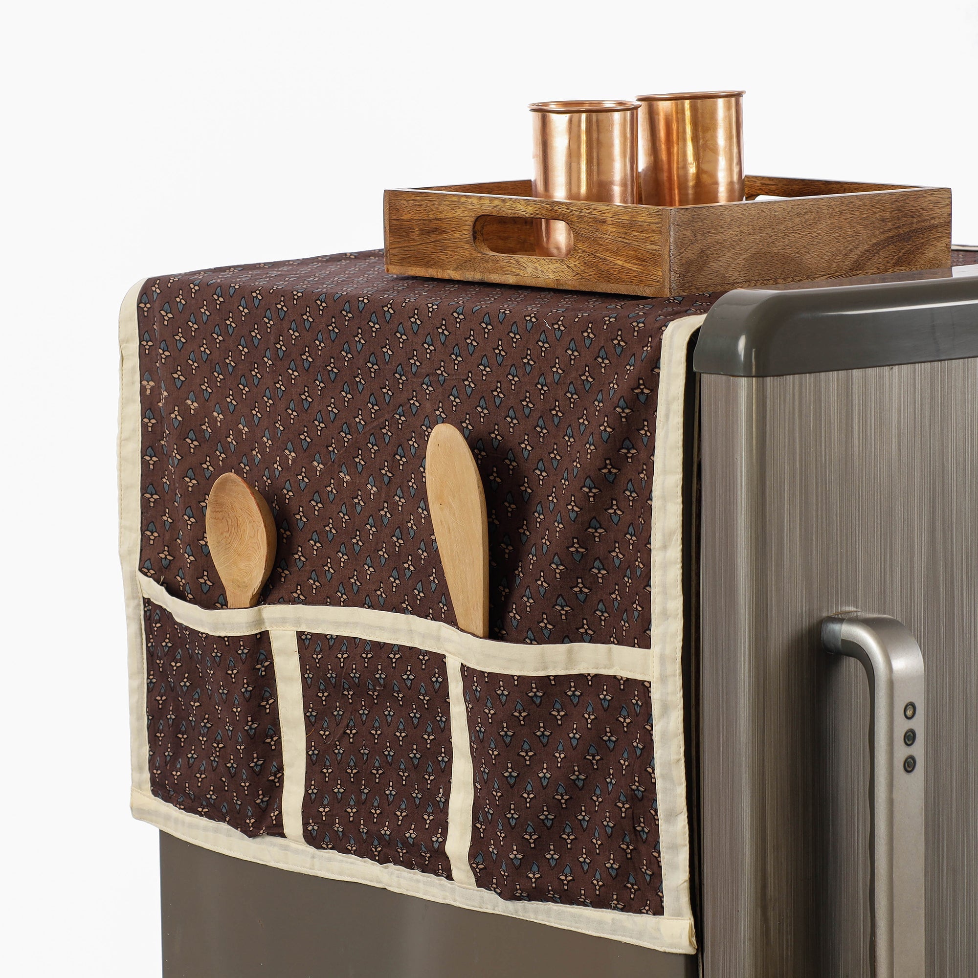 JALPARI Brown - Ajrakh Block Printing Cotton Fridge Top Cover with Multiple Pockets