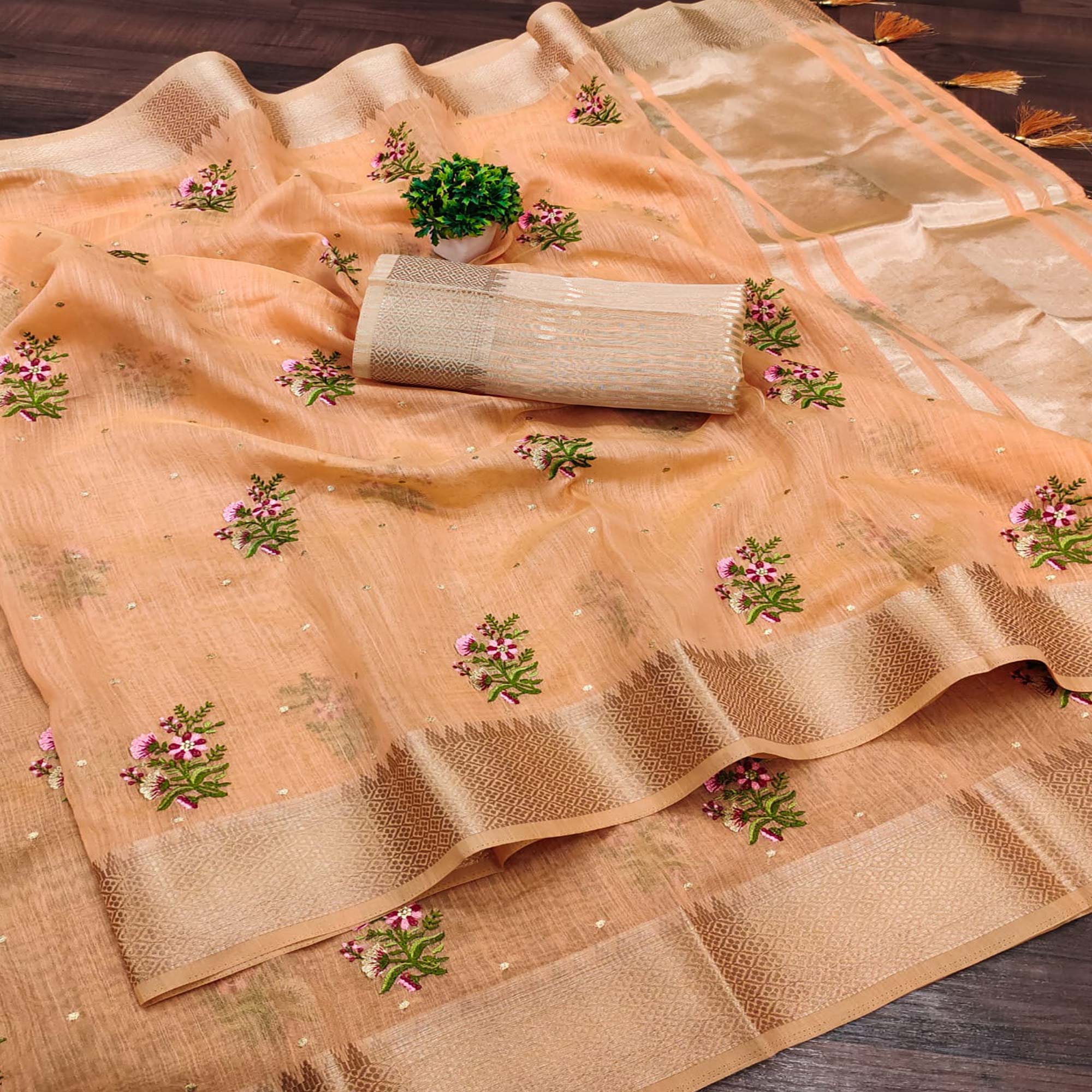 Peachmode Light Orange Floral Embroidered Cotton Silk Saree With Zari Border