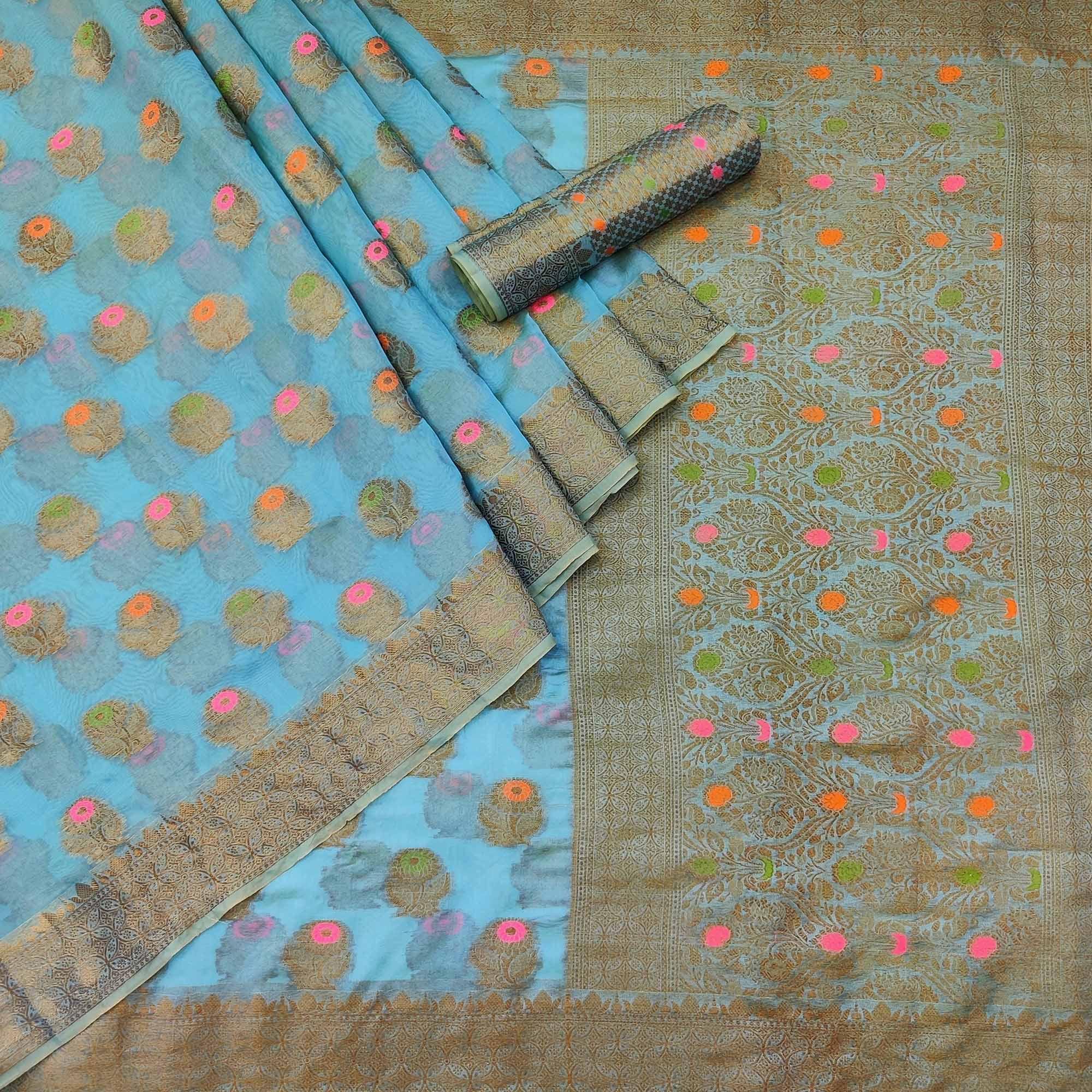 Peachmode Blue Woven Organza Saree – Women's - view 3