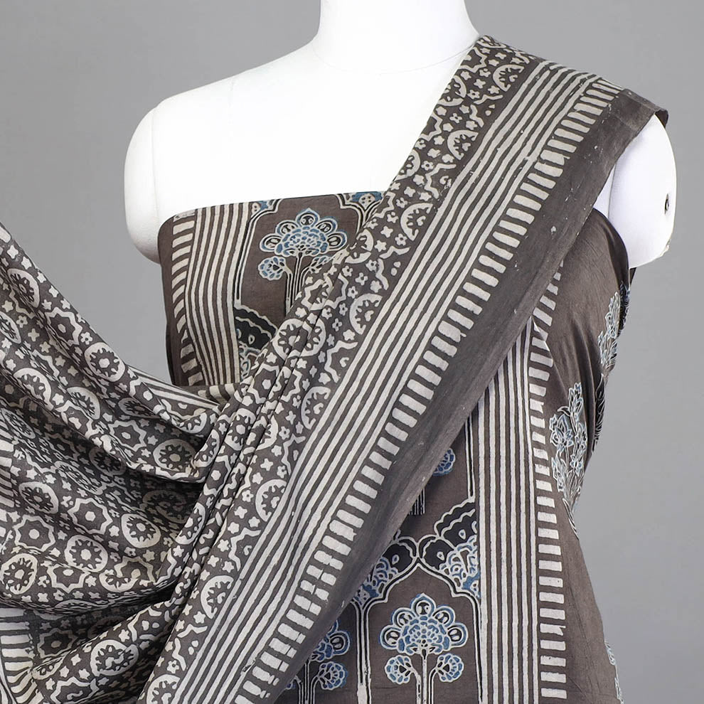 KACHCHH JI CHHAAP Brown - 3pc Ajrakh Hand Block Printed Cotton Suit Material Set - view 3