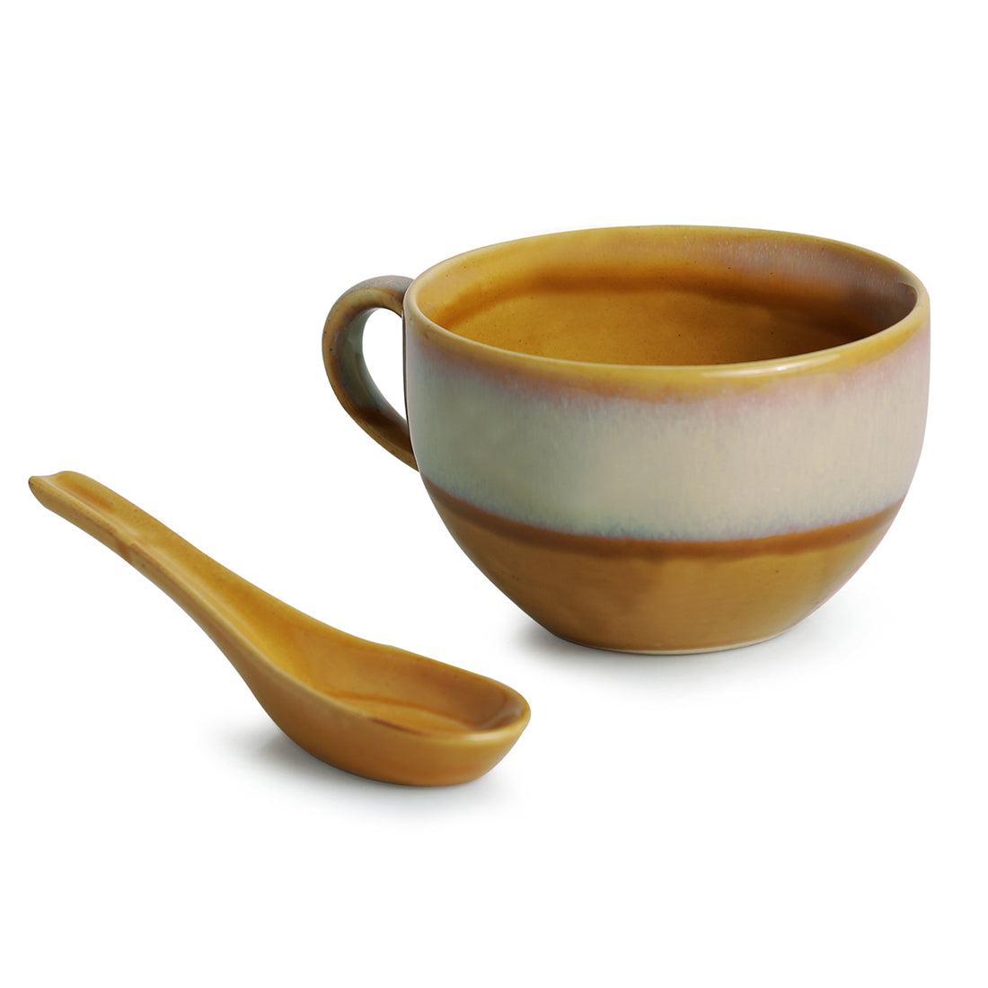 EXCLUSIVELANE 'The Eclipsed Four' Soup Bowls With Spoons Dual Glazed Studio Pottery In Ceramic (Set Of 4) - view 4