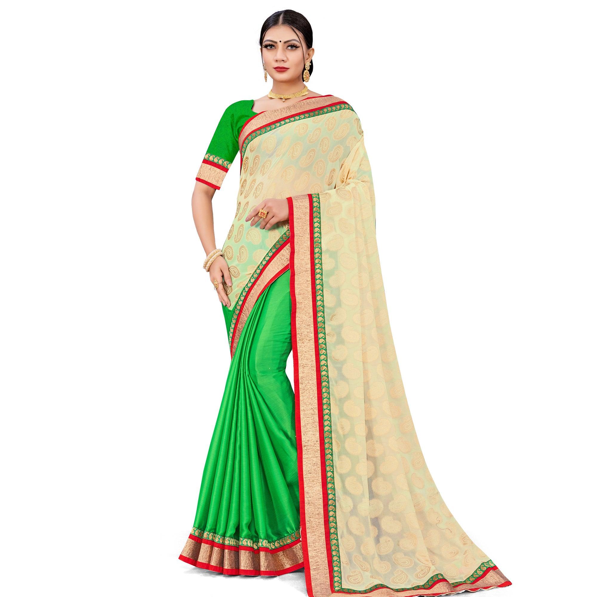 Peachmode Glorious Green-Cream Colored party Wear Georgette Half-Half Saree