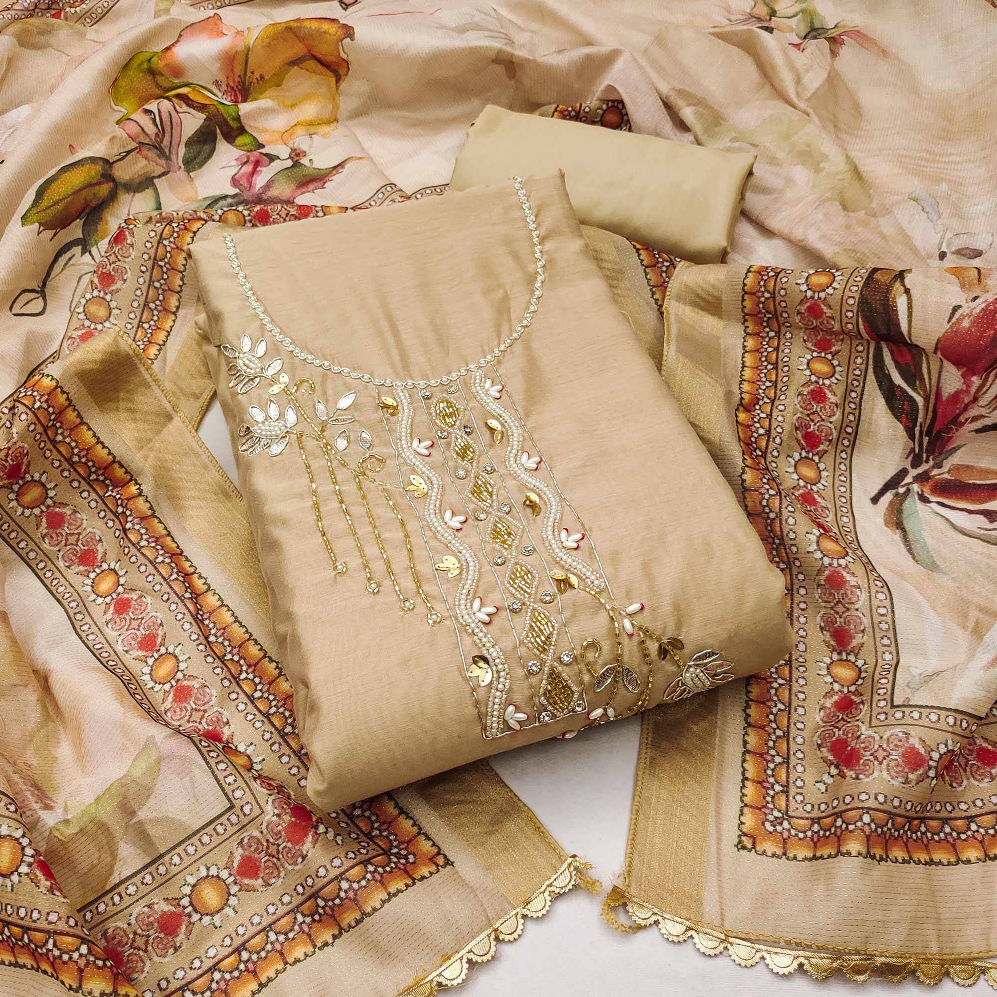 Peachmode Chikoo Floral Hand Embroidery Chanderi Dress Material