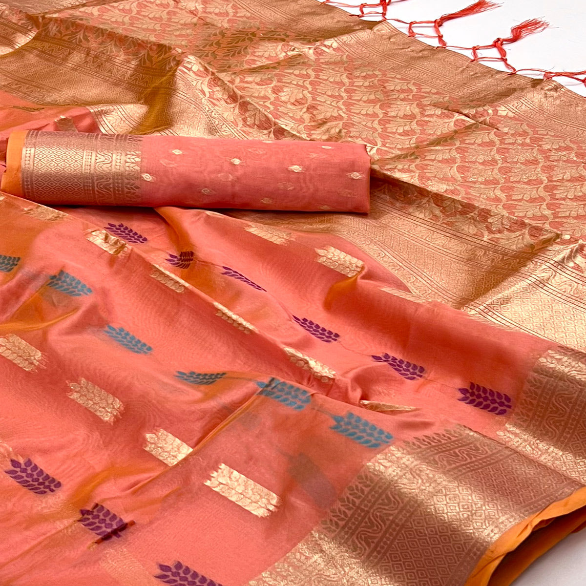 Peachmode Dark Peach Floral Woven Organza Saree - view 2