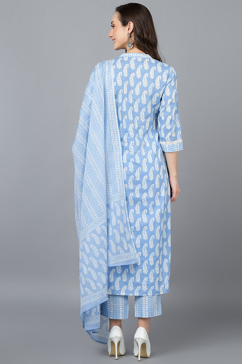 Ahika Blue Cotton Straight Kurta Pant With Dupatta VKSKD1628 - view 10
