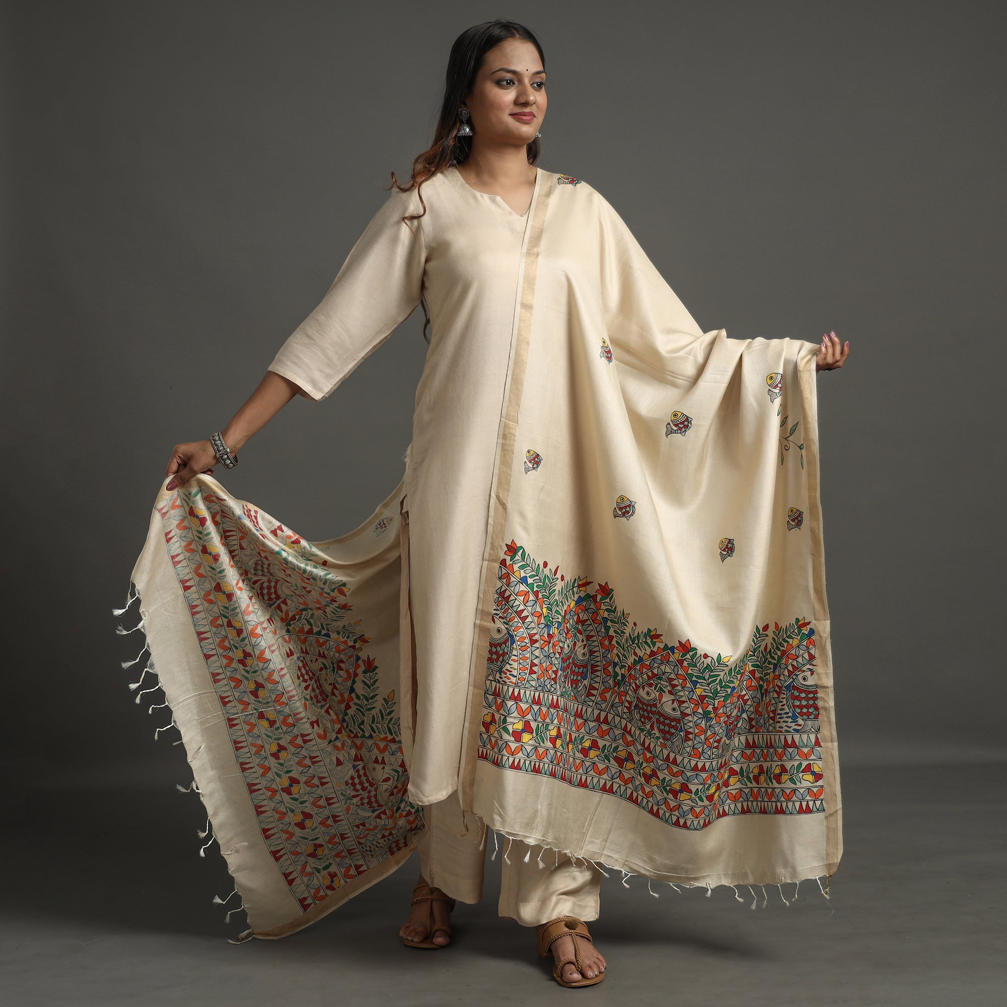 ITOKRI CRAFTS INITIATIVE Beige - Handpainted Tussar Cotton Handloom Madhubani Dupatta 08 - view 2