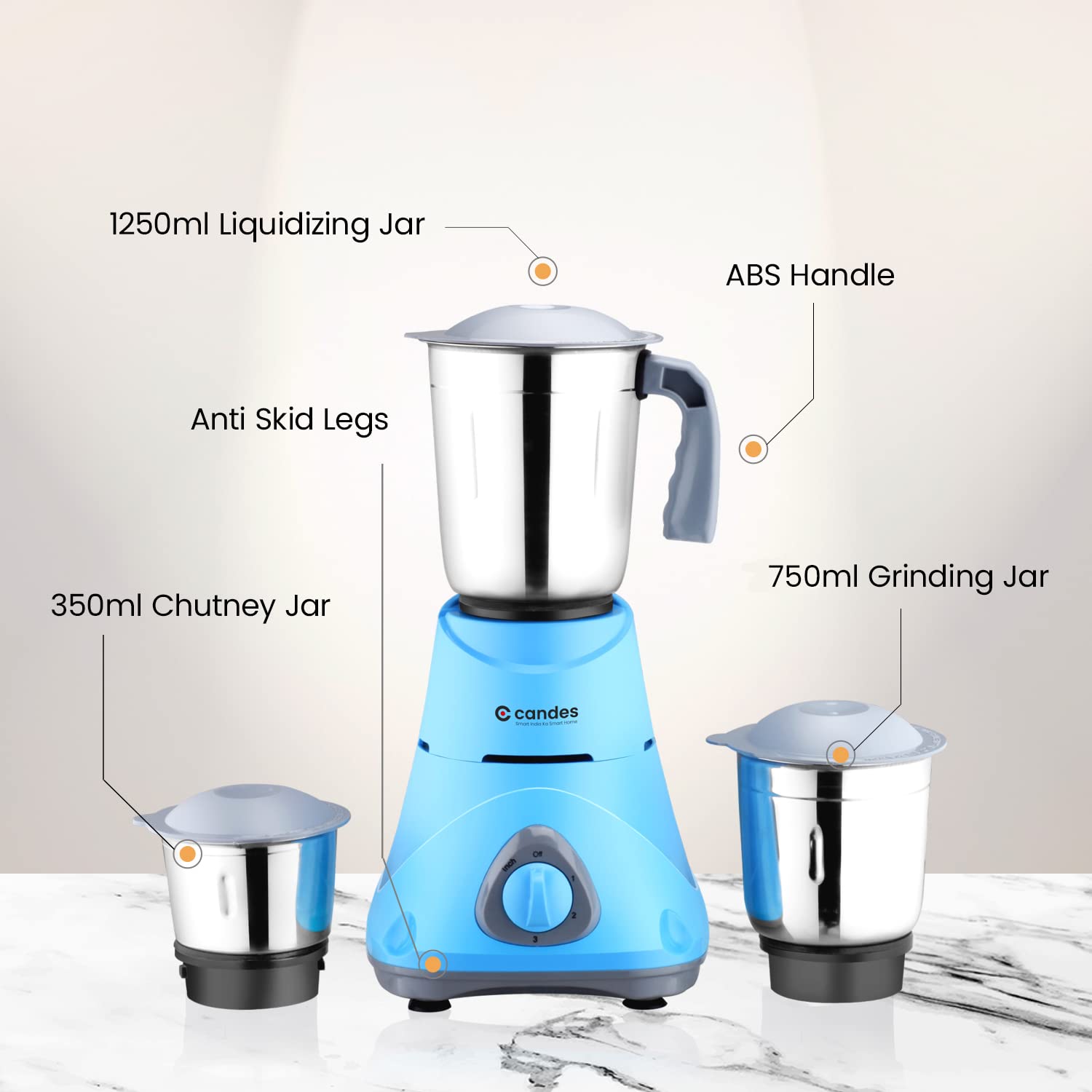 Candes Bolt 550-Watt Mixer Grinder with 3 Jars, Powerful Motor and 2 Year Warranty on Motor, (Blue Grey) + Quick Hand Vegetables & Fruit Chopper Green - view 5