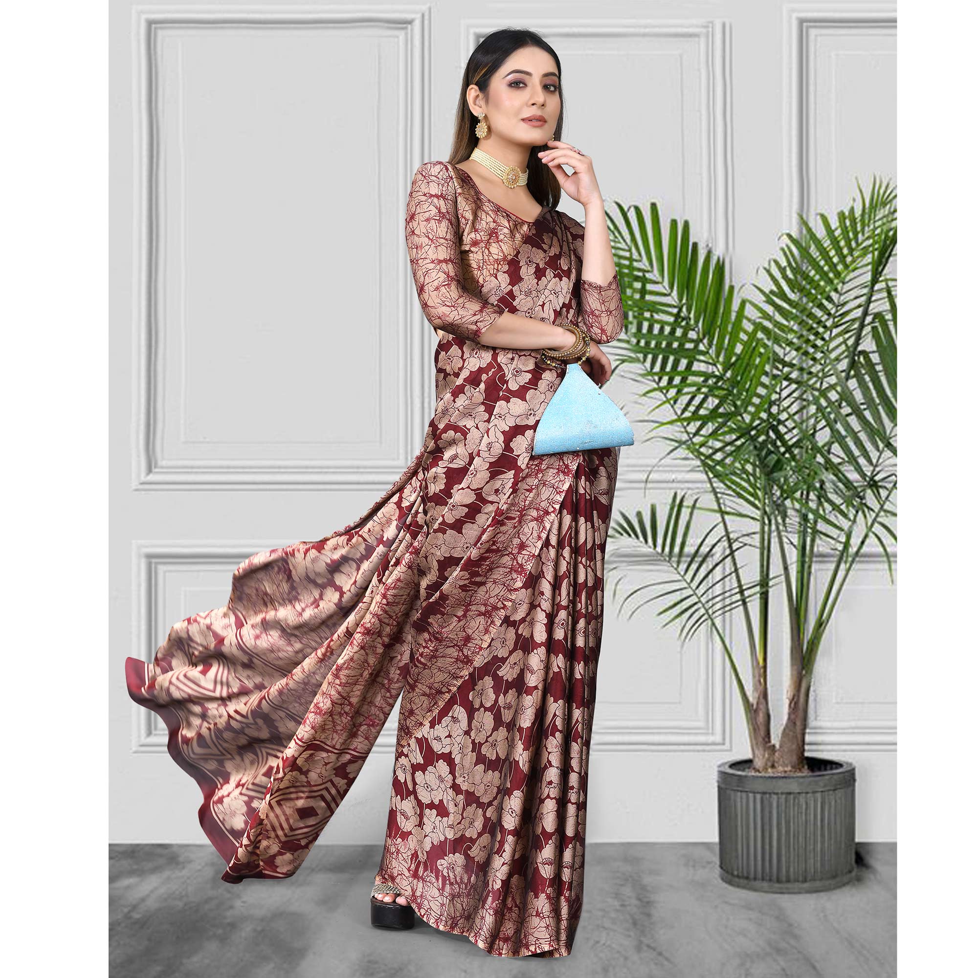 Peachmode Maroon Floral Printed Chiffon Saree - view 3