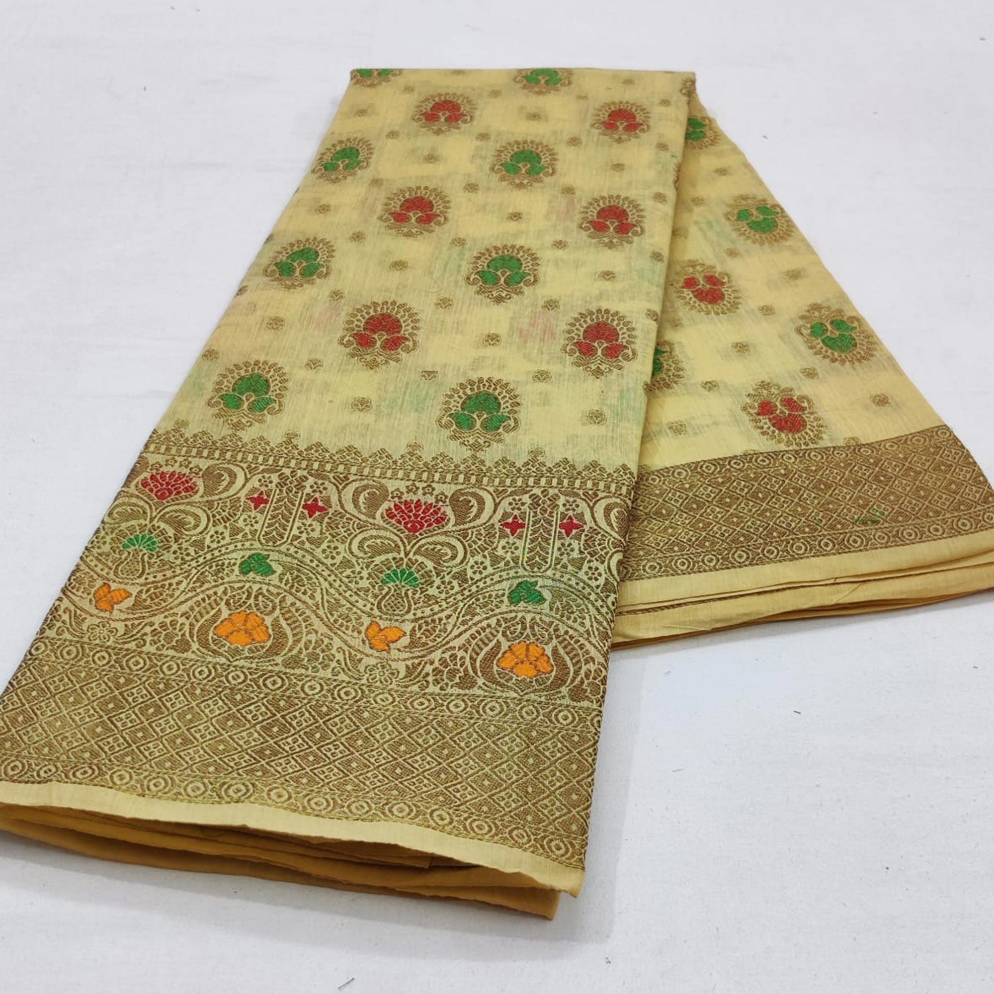 Peachmode Cream Festive Wear Floral Woven Cotton Saree With Meena Butta Pallu