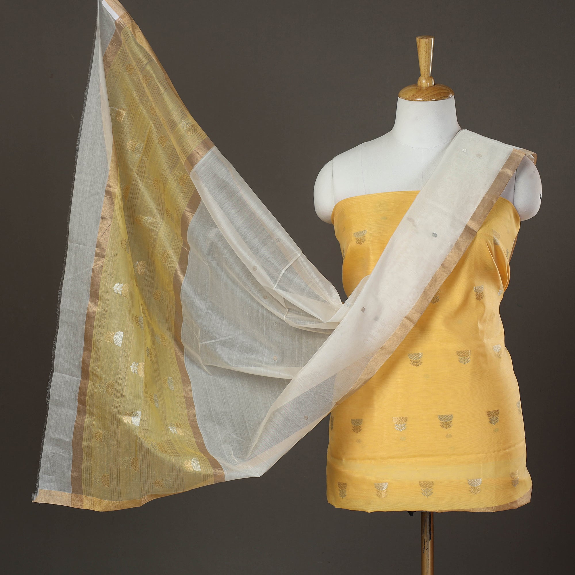 CHANDERI BY RAUPH KHAN Yellow - 2pc Zari Buti Handloom Chanderi Silk Dress Material 18