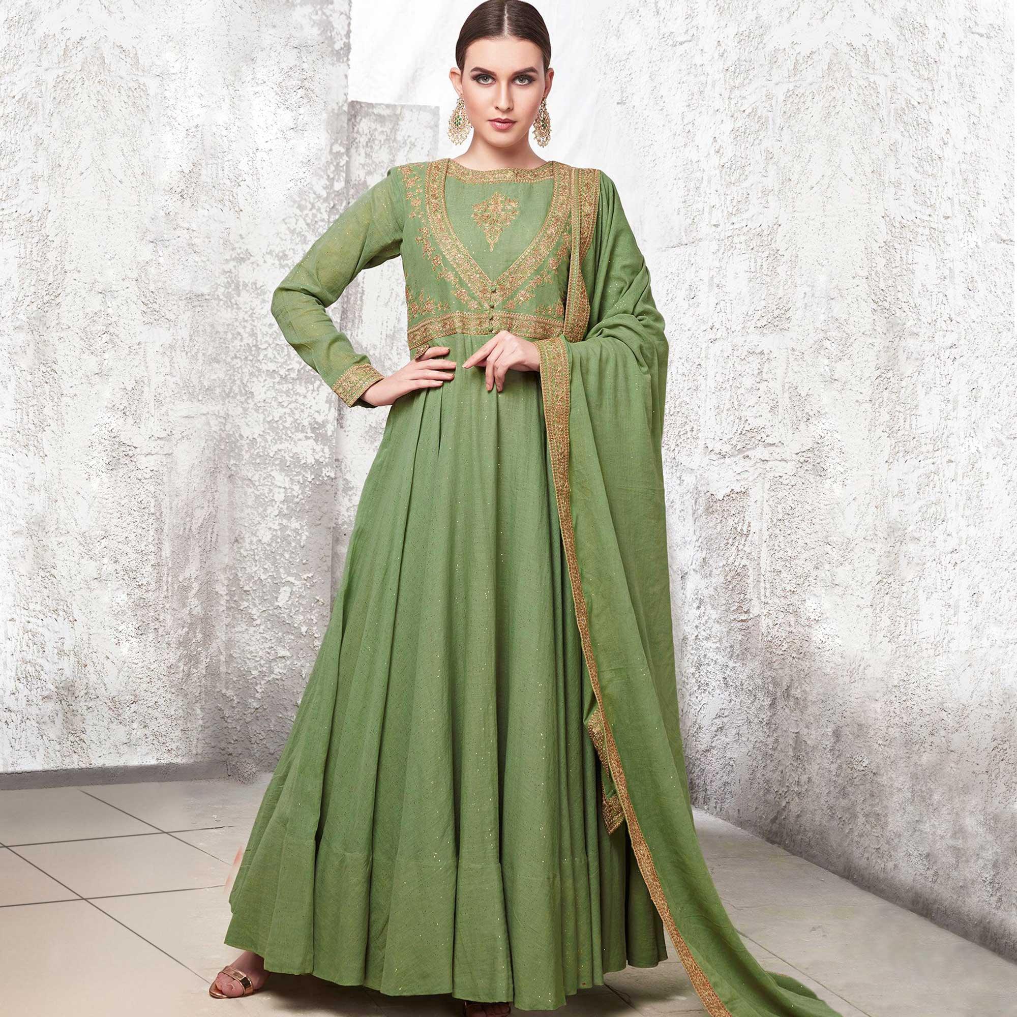 Peachmode Seller Flattering Green Colored Partywear Embroidered Cotton Anarkali Suit