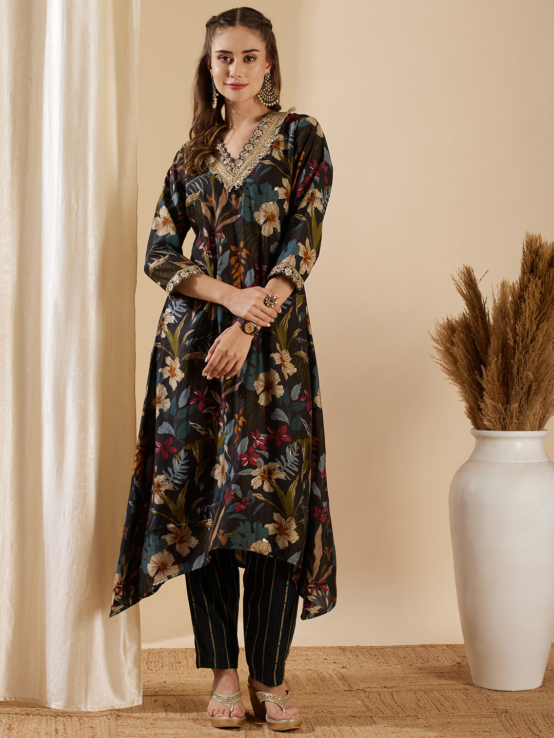Fashor Floral Foil Printed & Embroidered A-Line Kurta with Pant - Black