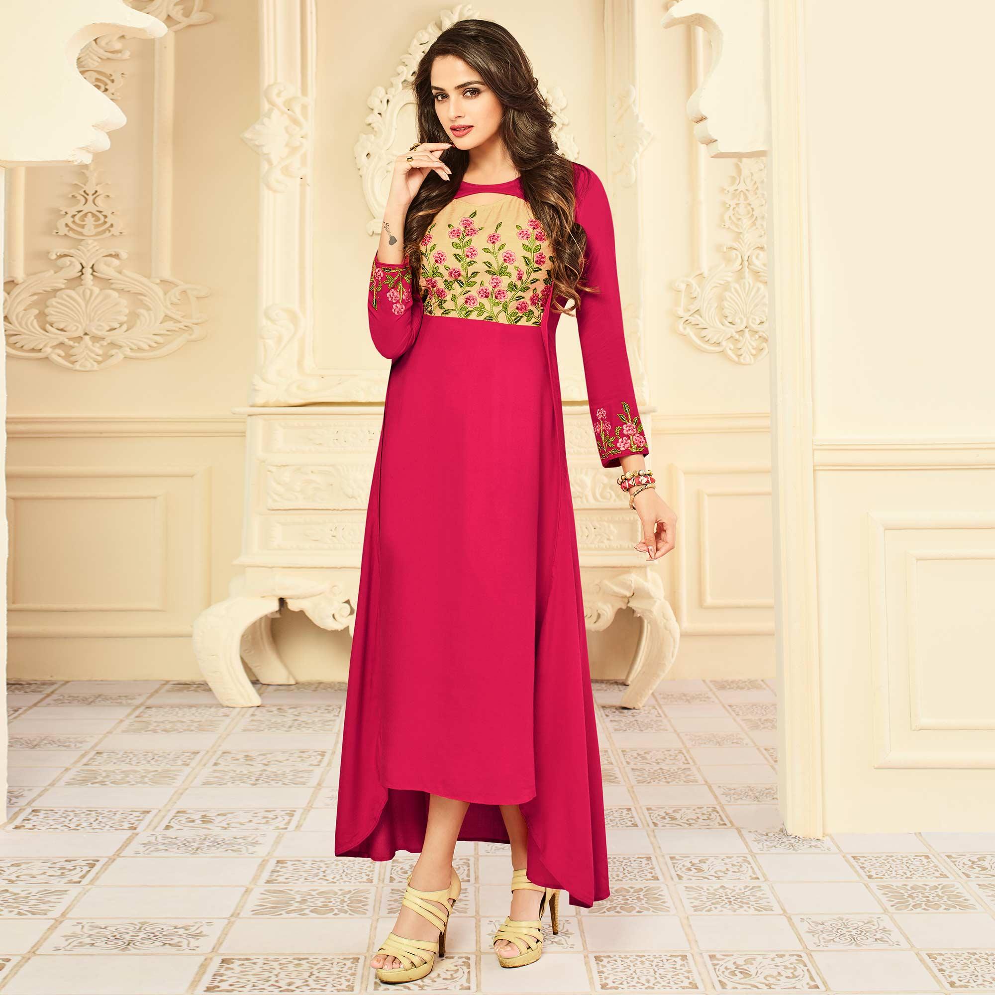 Peachmode Seller Groovy Pink Colored Party Wear Floral Embroidered Rayon Kurti